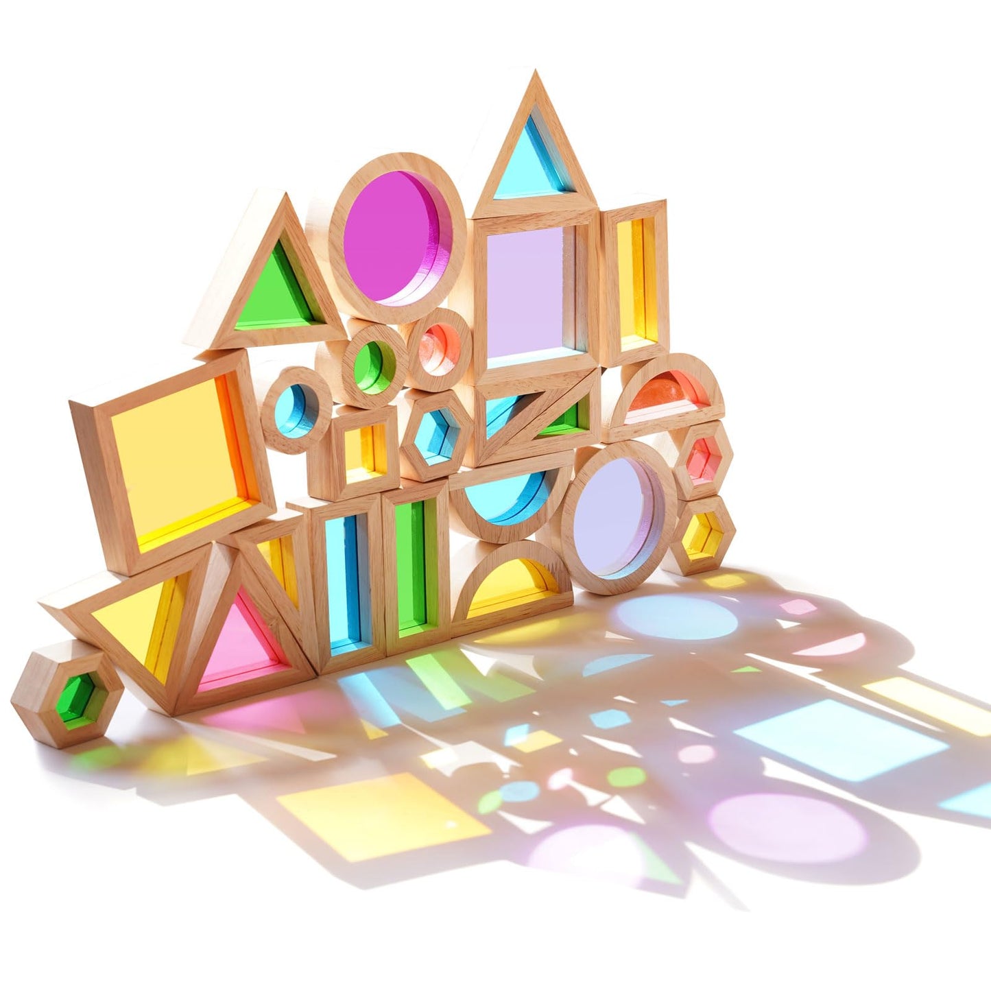 Agirlgle Wooden Rainbow Building Blocks for Kids 32 Pcs Rainbow Stacker Stacking Blocks Game Colorful Construction Toys Preschool Learning Educational Toys -Geometry Wooden Blocks for Boys & Girls