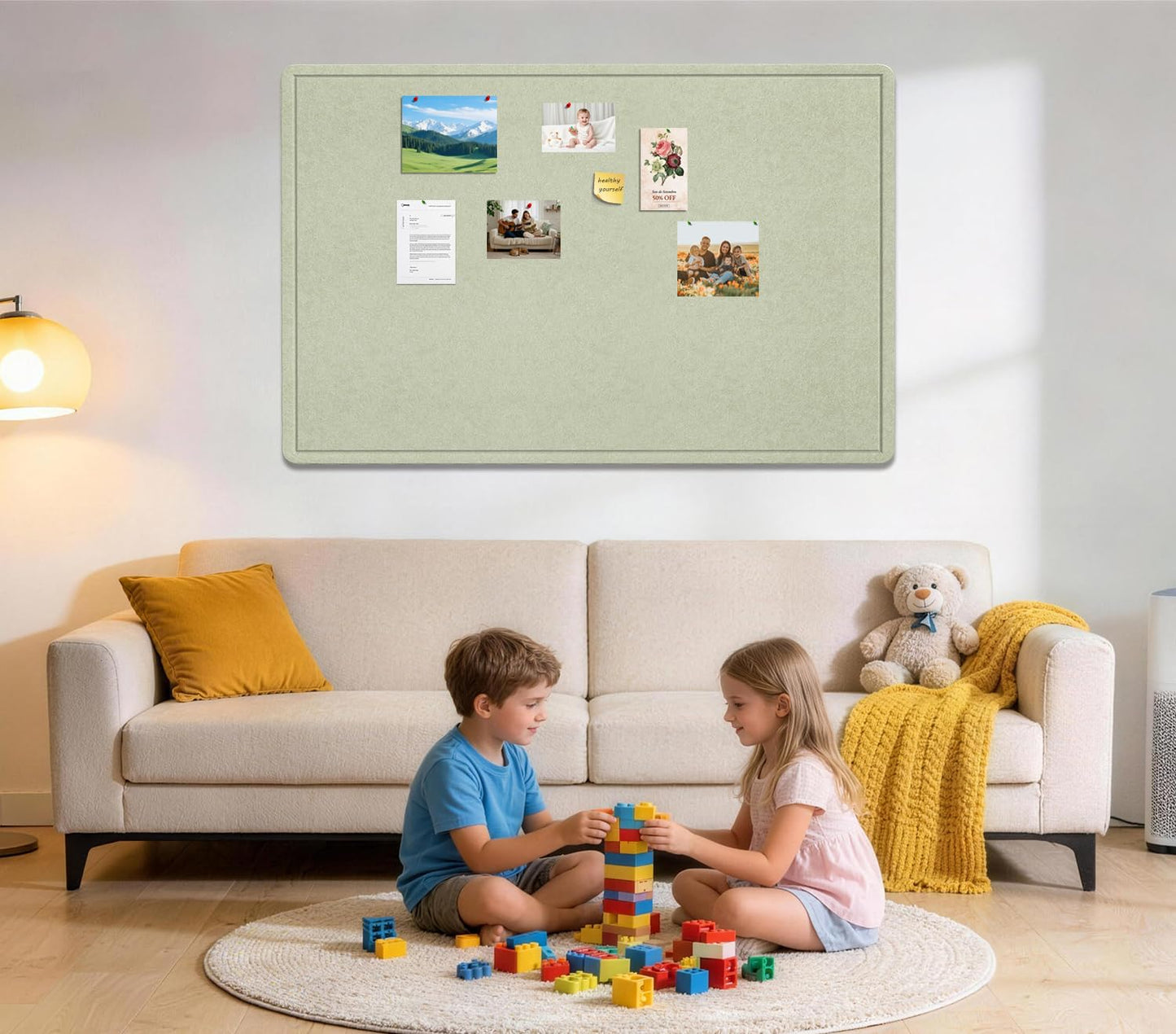 Large Bulletin Board, 72 X 48 inches Cork Board with 30 Pushpin, 6' x 4' Felt Cork Board Notice Pin Board, Self-Adhesive Vision Board Mood Board Foldable Photo Board for Wall - Sage Green