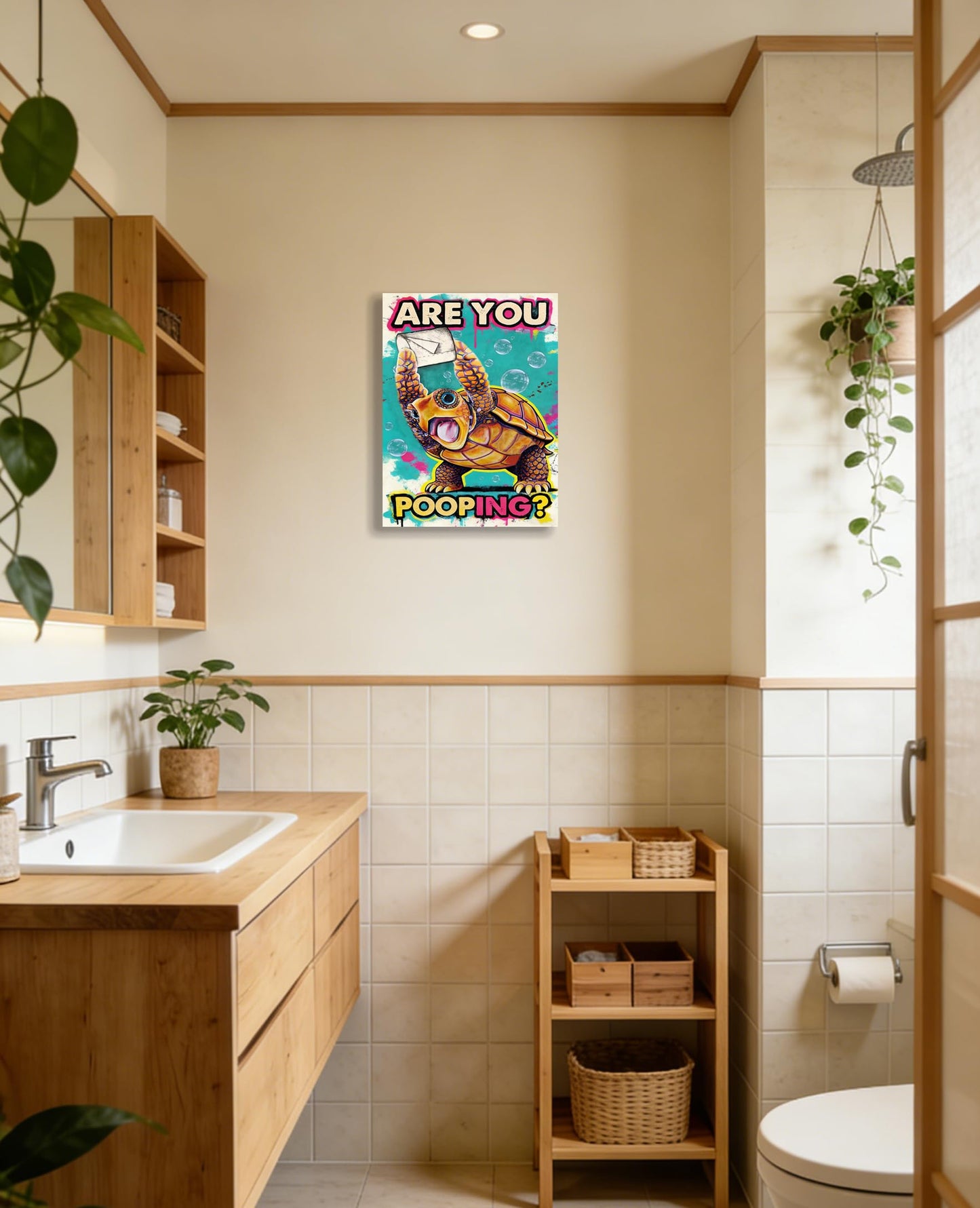 Funny Turtle Bathroom Wall Art Painting, Are You Pooping? Graffiti Humor Canvas Print, Teal Pop Art Bathroom Poster Decor, 12x16 Inch Framed Wall Picture for Bathroom Restroom Toilet Washroom
