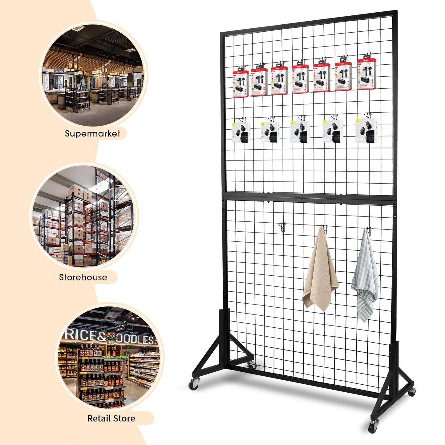 Eastern Tree 2 Packs 3'X 6' Two Gridwall Panels Display Stand with Sturdy T-Base, Black Wire Grid Wall Panels for Craft Show Display Rack, Art Display Stand, Extra more 20 Hooks