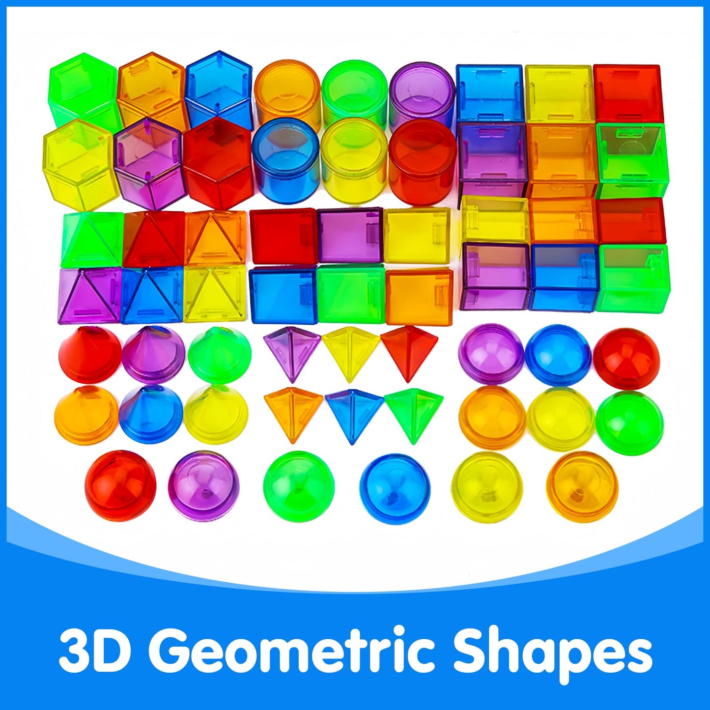 Odoorgames 60 Pieces 3D Shapes for Teaching - Geometric Solids for Kids, Light Table Manipulatives, Translucent Toys