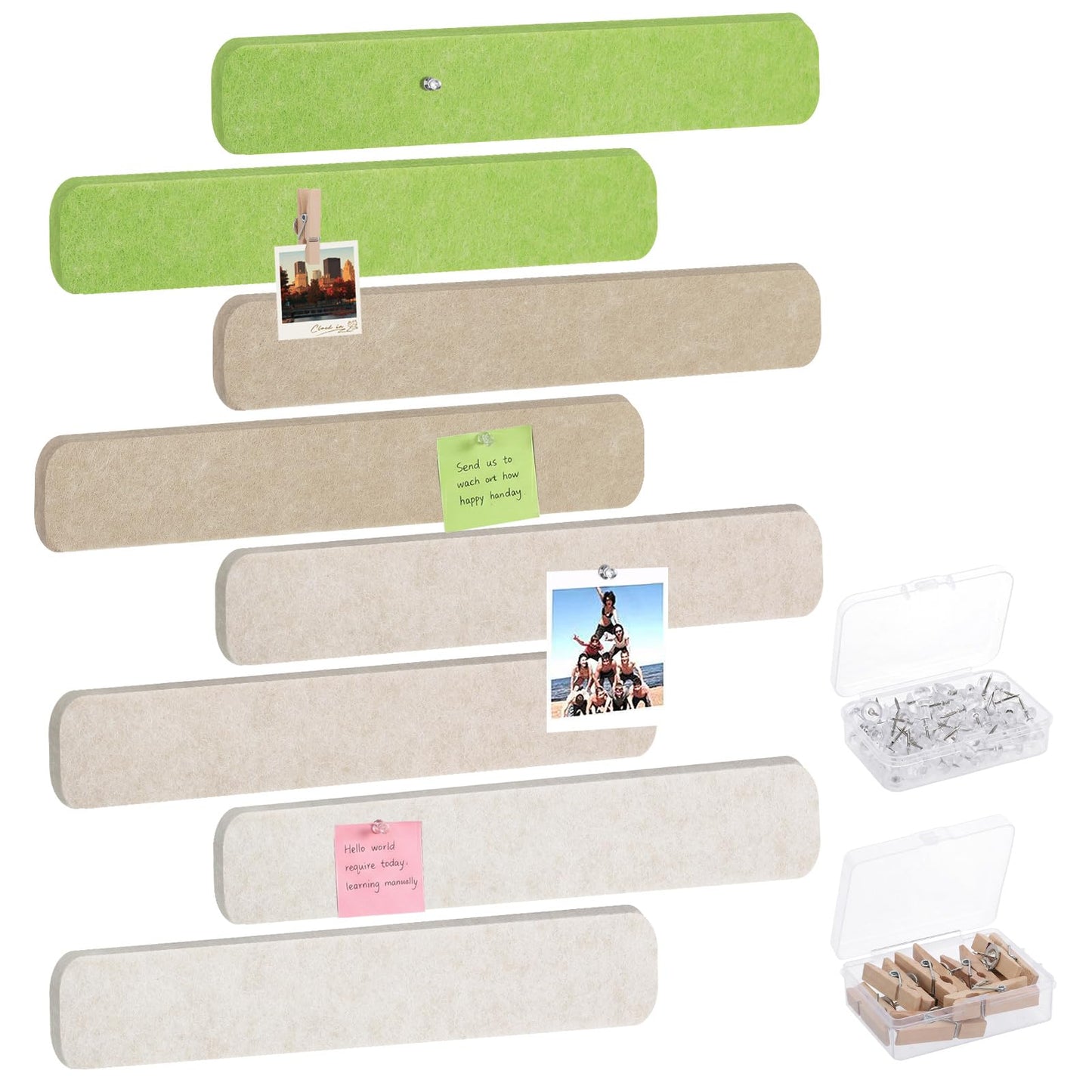 Thboxes 8 Pack Felt Bulletin Board Strips, 13x2 Inch Self Adhesive Felt Pin Boards with 50 Pushpins and 10 Wooden Clips Push Pins, Cork Board for Walls Home Office Decor(Natural Earth Tones)