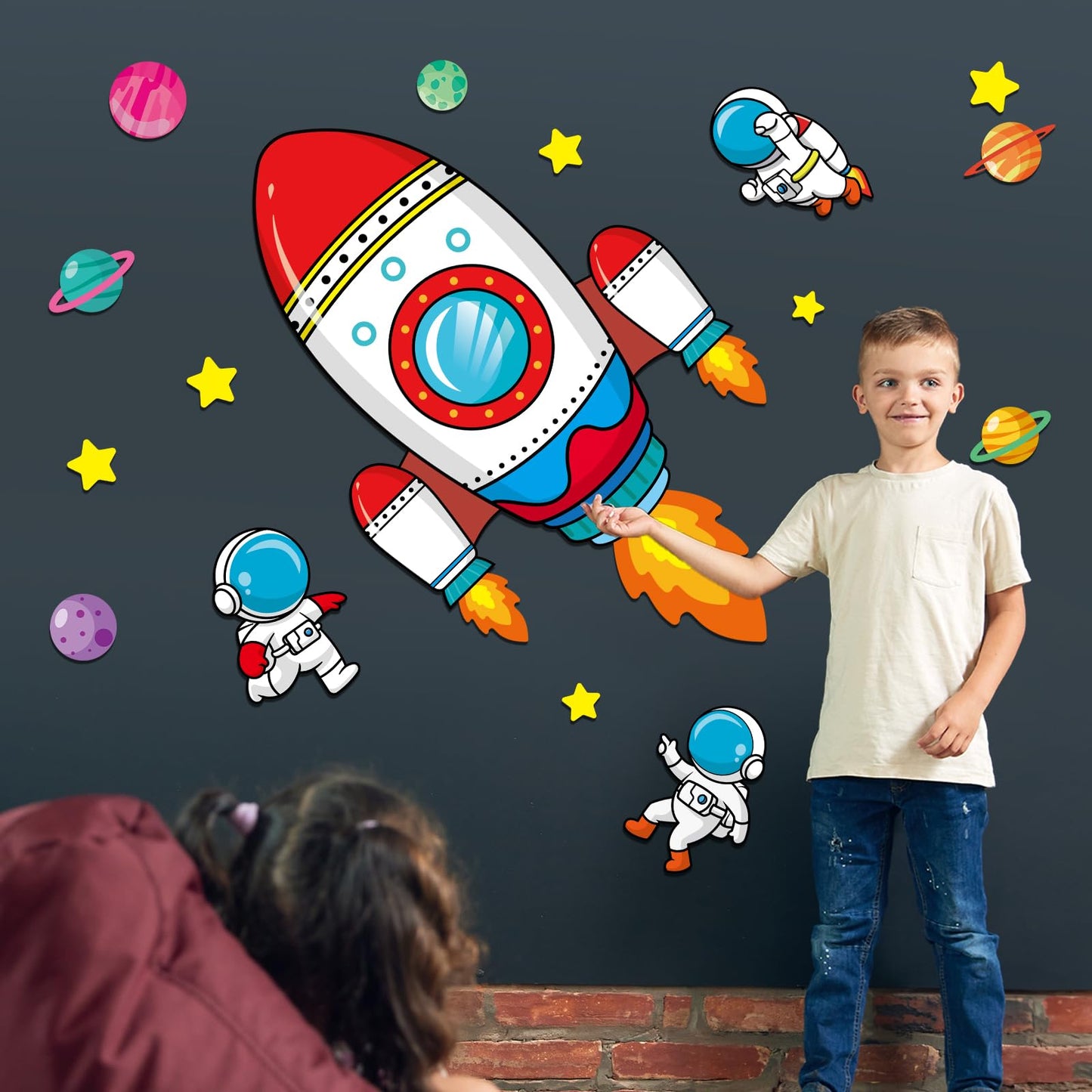55In Large Outer Space Bulletin Board Set Rocket Ship Cutout Classroom Decorations for Teachers Astronaut Planet Cutouts Galaxy Back to School Supplies Welcome Sign for Preschool Chalkboard Door Decor