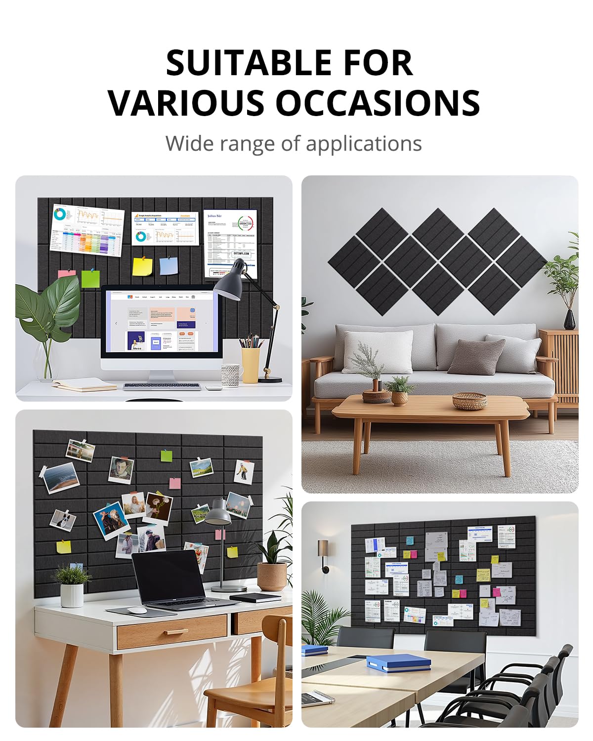 Woovio Cork Board 48"x36" Large Felt Bulletin Board with Self Adhesive, Cork Boards for Walls for Office-12 Pack Pin Board Use in Home Classroom Office Wall Decor Black