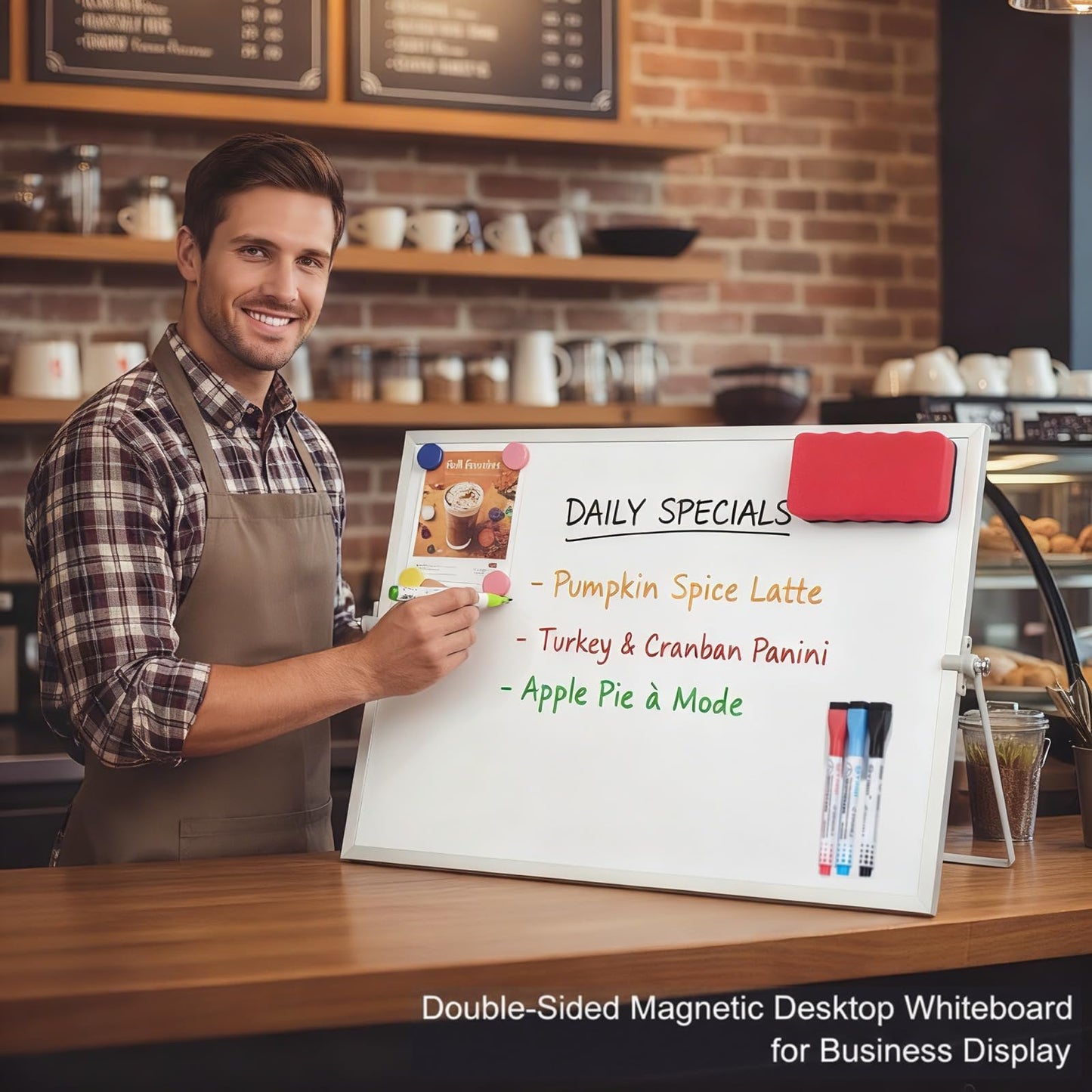 MXG Magnetic White Board Dry Erase, 10x14 Inch Double Sided Small Whiteboard with Stand, Includes 4 Markers, 4 Magnets & Eraser, Portable for Desktop, Wall, Office, & Classroom