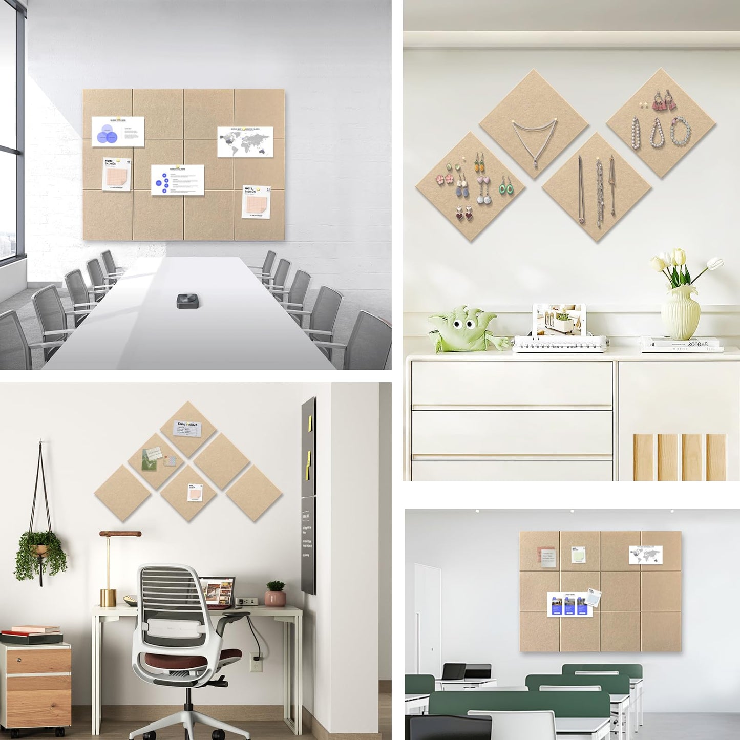 Large Cork Board for Office Wall Decor, 36"x24"- 6 Pack Felt Wall Tiles with Safe Removable Adhesive Tabs, 1/2" Thick, Felt Bulletin Board Pin Board Cork Boards for Walls - Tan