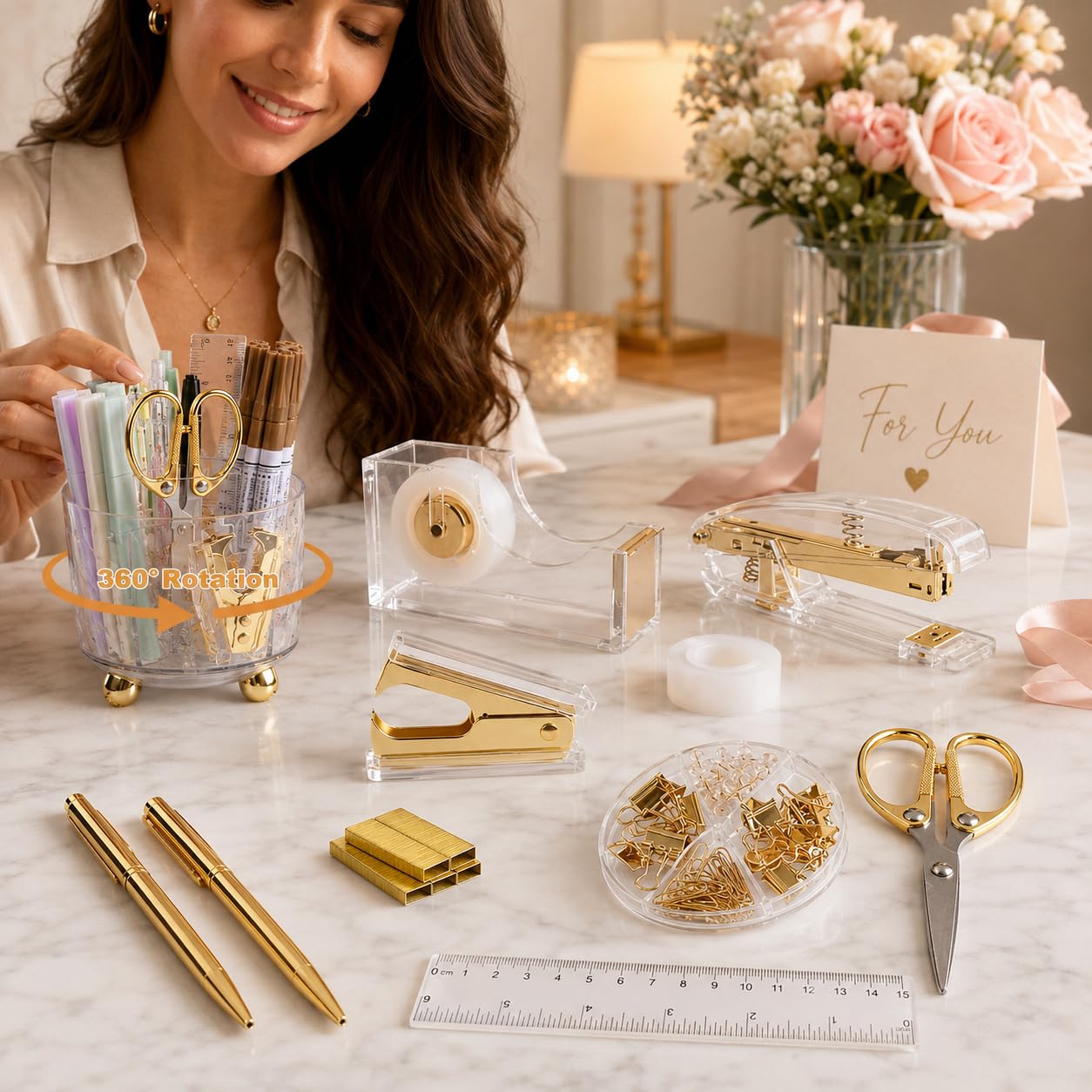Office Desk Accessories Supplies - 11 Pcs Gold Desk Decor Set with 360-Degree Rotating Pen Holder, Women Cute Aesthetic Office Essentials Kit, Stapler Tape Dispenser, Acrylic Gift for School Home Work
