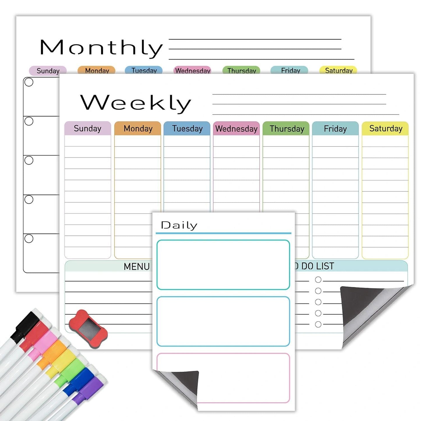 Hivillexun Magnetic Dry Erase Calendar for Fridge - 3 Pack Monthly, Weekly & Daily Planner Set (14"x11"), Includes 8 Ultra-Fine Tip Magnetic Markers & Large Bone Eraser, Reusable Whiteboard