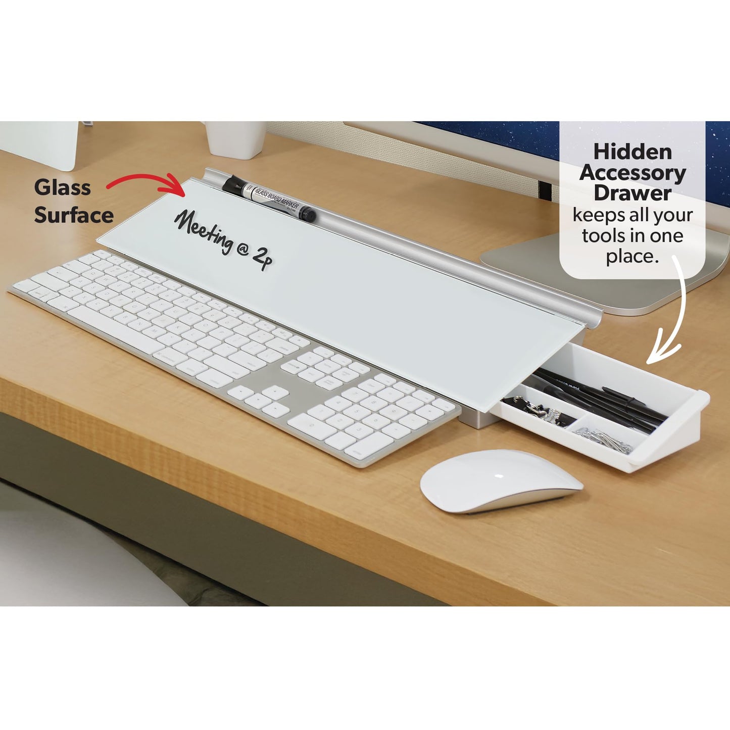 Quartet Glass Dry Erase White Board, Desktop Computer Pad for Notetaking, 18" x 6" Whiteboard, Clean Erase Surface with Storage, 1 Dry Erase Marker, White Surface (GDP186)
