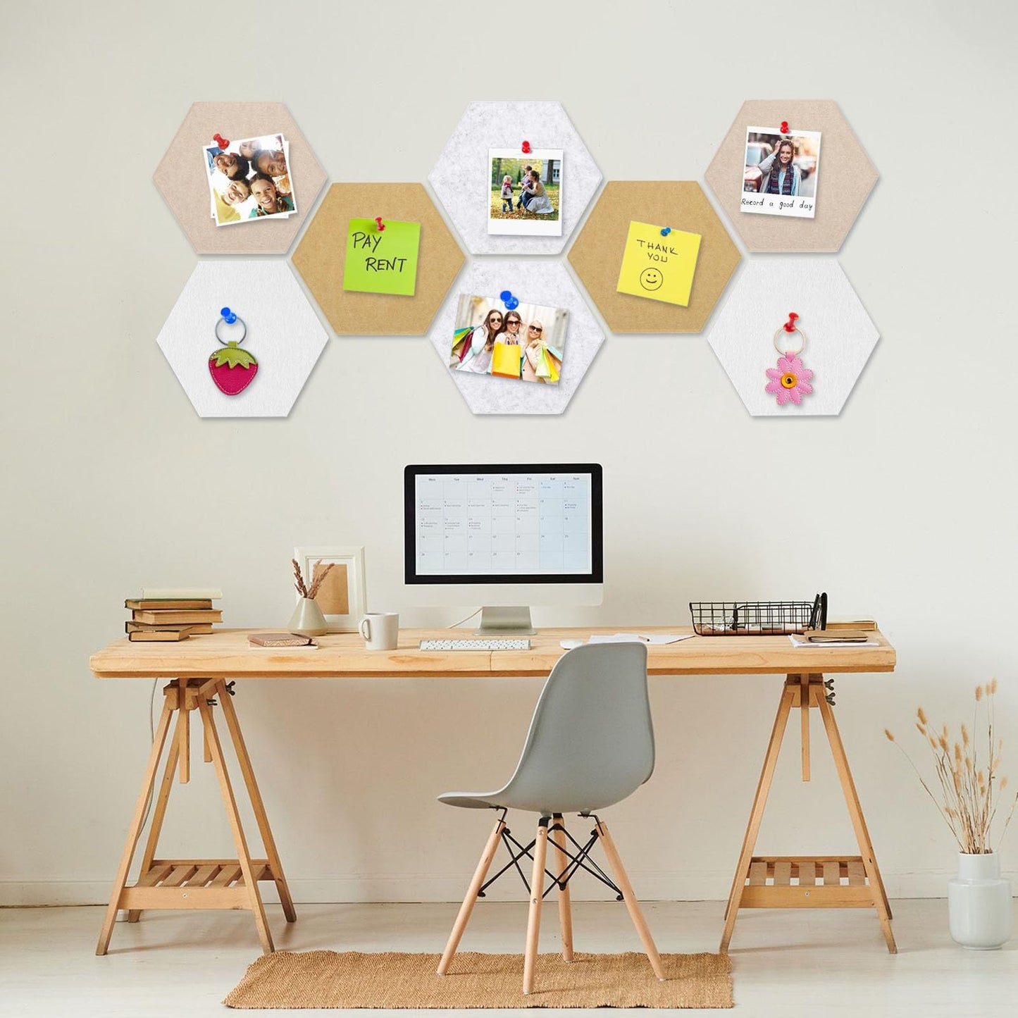 8 Packs White Grey Camel Hexagon Felt Pin Board, 12" Bulletin Board with 30 Push Pins, Felt Board for Home Kitchen Office Decor, Self-Adhesive Corkboard Tiles for Walls Message Photos Memos Display