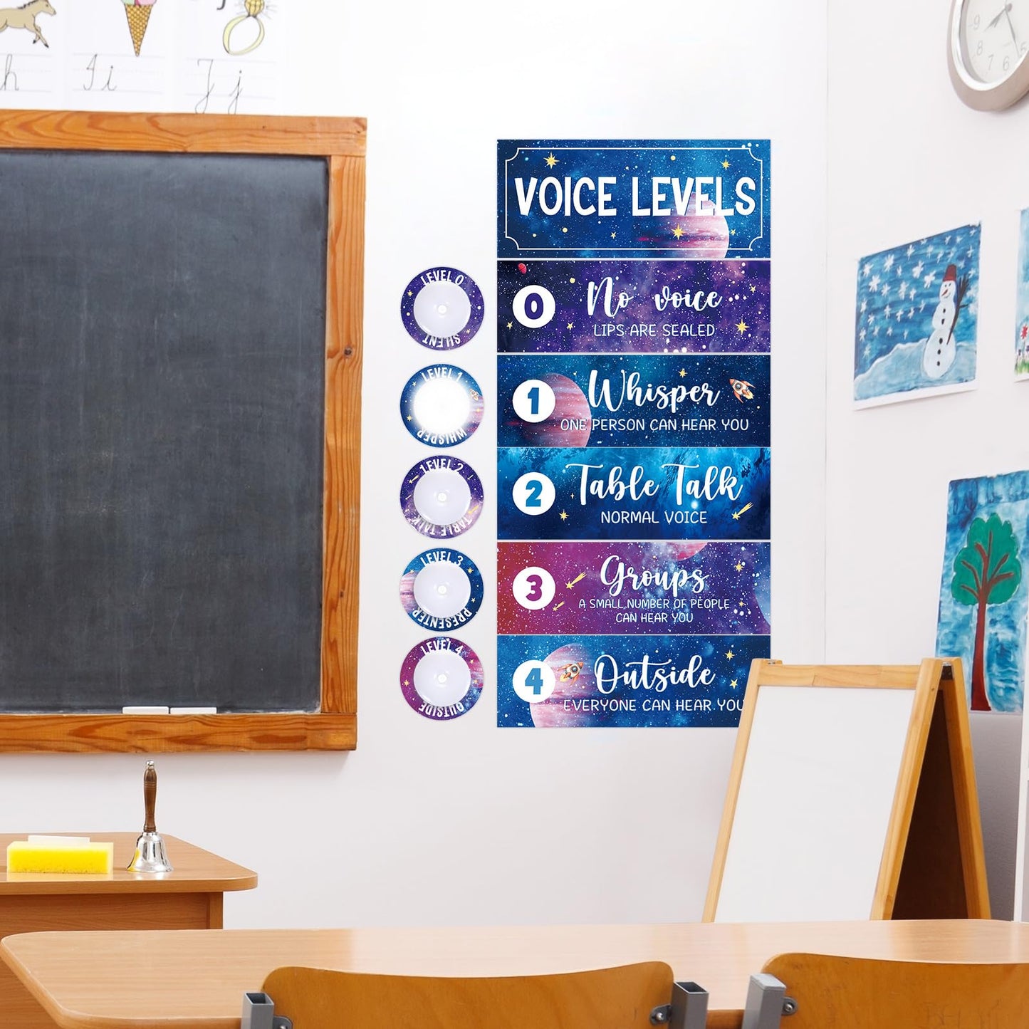 5 Pcs School Push Light and Voice Level Poster Voice Level Chart Monitor Rules Sign Galaxy LED Tap Light Classroom Rules Poster Solar System Classroom Management Tools for Teachers(Space Style)