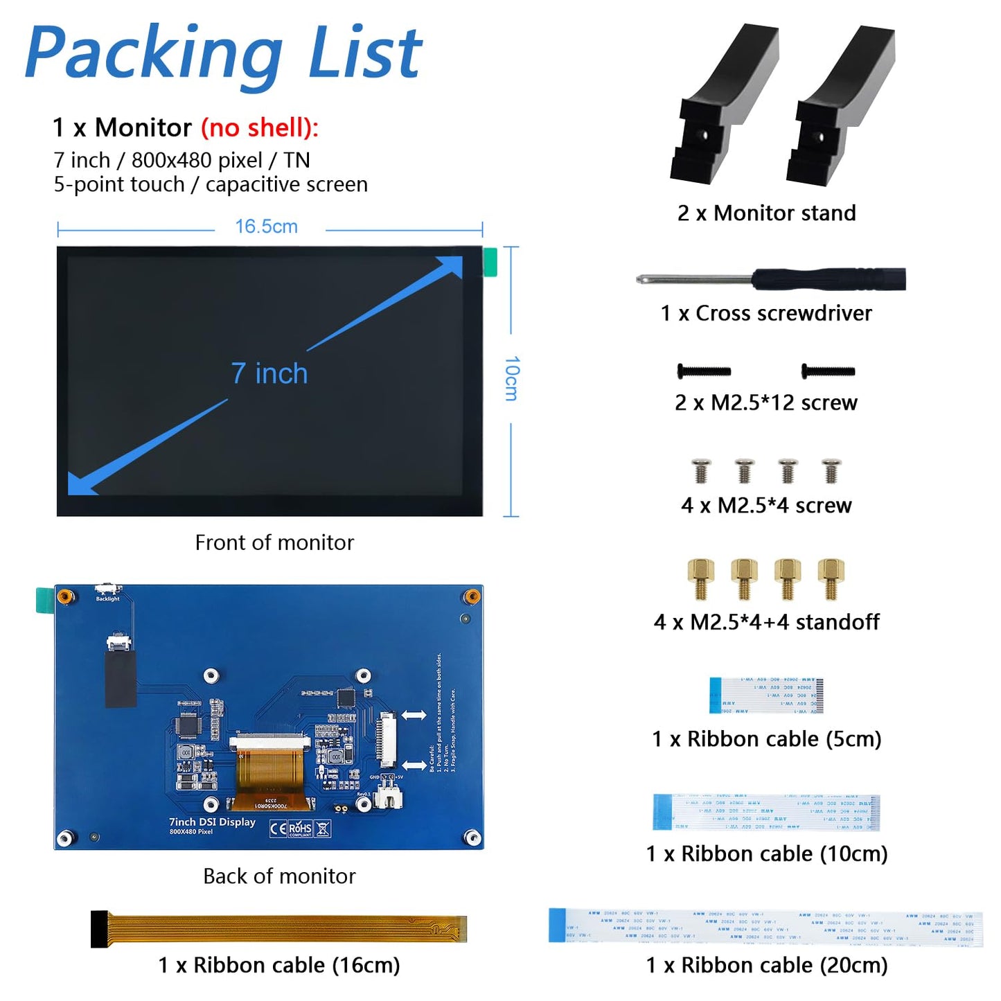 FREENOVE 7 Inch Touchscreen Monitor for Raspberry Pi 5 4 B 3 B+ A+, 800x480 Pixel TN Display, 5-Point Touch Capacitive Screen, Driver-Free MIPI DSI Port