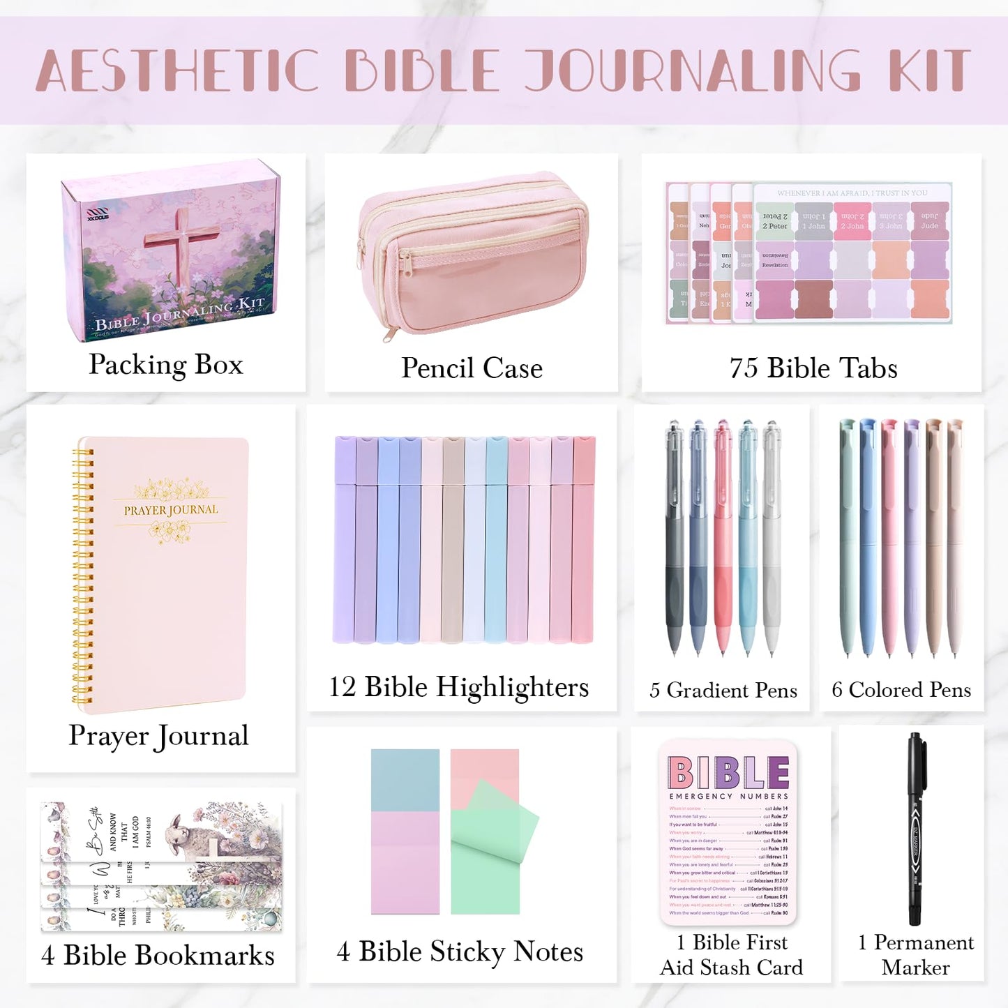 XKDOUS Bible Study Supplies Journaling Kit for Women, Bible Study Kit, 12 Pastel Highlighters and 12 Pens No Bleed, 75 Laminated Tabs, Prayer Journal Pencil Case and More, Pink