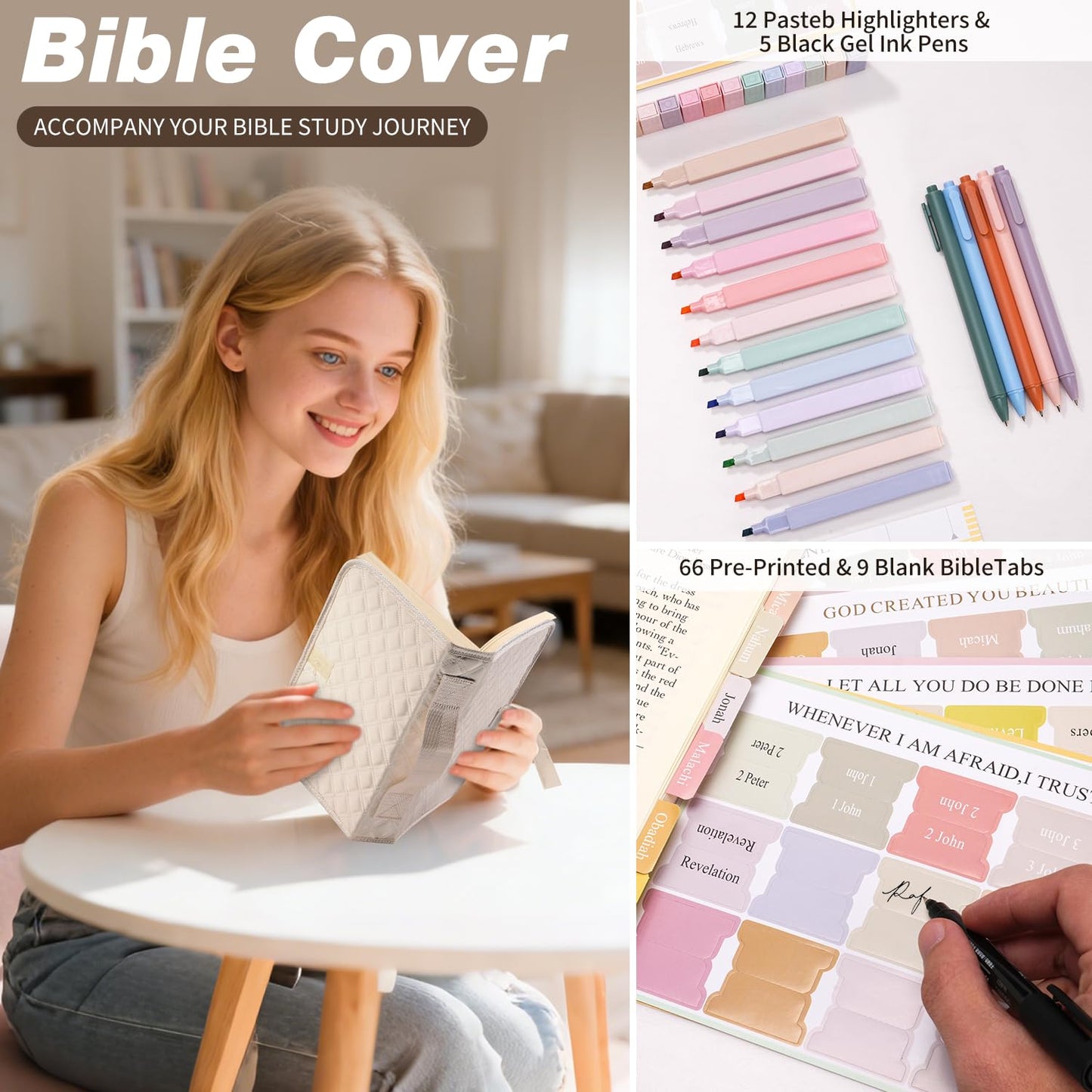 KOPKOFT Large Bible Cover Case for Women, Quilted Church Tote Bag with Shoulder Strap, Bible Study Supplies Journaling Kit Bible Accessories, Christmas Christian Gift for Women (Beige)