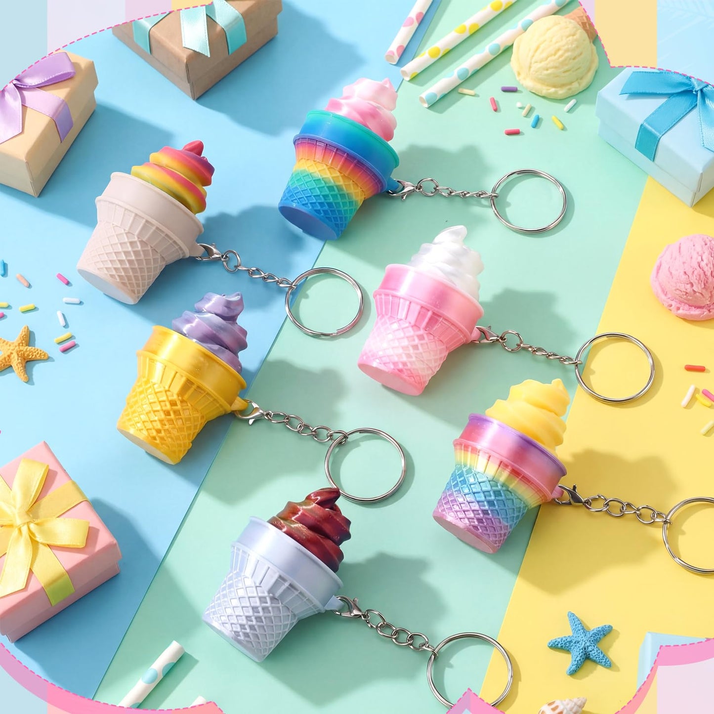 Kenning 12 Pcs Ice Cream Clicker Fidget Keychains Bulk 3D Printed Sensory Clicker Fidget Toys Stress Relief Ice Cream Party Favors Keychain for Summer Birthday Goodie Bag Stuffers Office Gifts