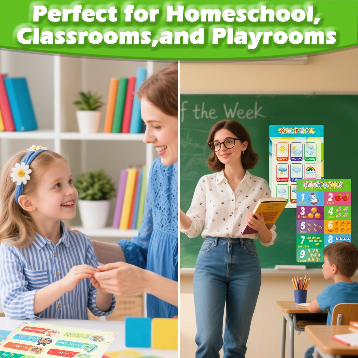 Educational Posters for Elementary Preschool Kindergarten Classroom Learning, Preschool Learning Posters for ABC Alphabet, Time, Number, Months, Colors, Weather, Galaxies , Animals, More, 16.5x11 Inch(12P Style C)