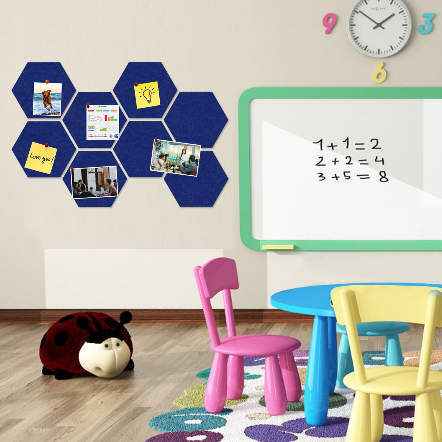 HULAVO Large Hexagon Felt Cork Board Tiles, Self Adhesive DIY Felt Bulletin Board Pin Board with 35 Pushpins for Office School Home Wall Decor Stickers Memos Photos Display(Dark Blue)
