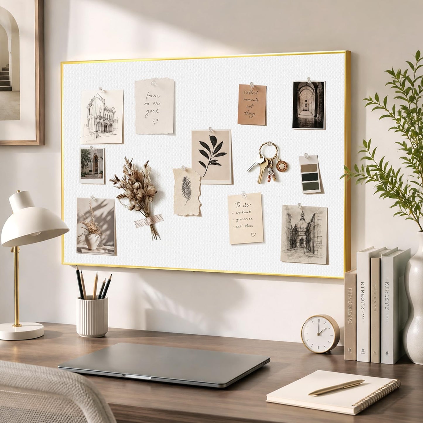 QUEENLINK Linen Bulletin Board 36" x 24", White Fabric Pin Board with Gold Aluminum Frame, Decorative Vision Board for Home Office, Bedroom & Dorm Wall Decor, Includes 10 Push Pins