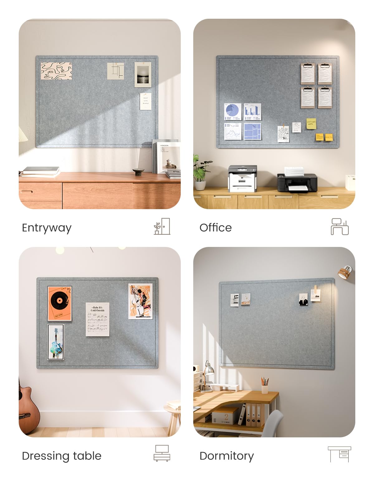 Fluxynara Large Bulletin Board, 47.2" x 35.4" Cork Board Alternative with 24 Safe Removable Adhesive Tabs, Foldable Felt Pin Board for Home Office, Classroom, Bedroom,Entryway for Walls—Blue Gray