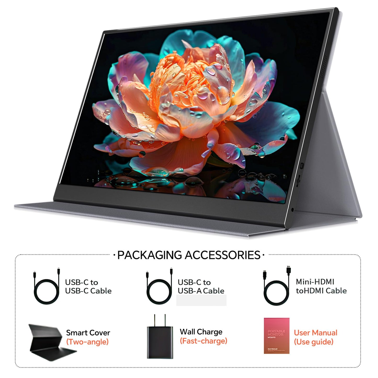 WGK 15.6 inch Portable Monitor 4K UHD 100%sRGB Travel Display HDMI/USB-C Compatible with Laptops, Desktops, Phones, PS, Mac, Xbox, Switch, and Other Gaming Devices Kickstand & Speakers VESA Mountable