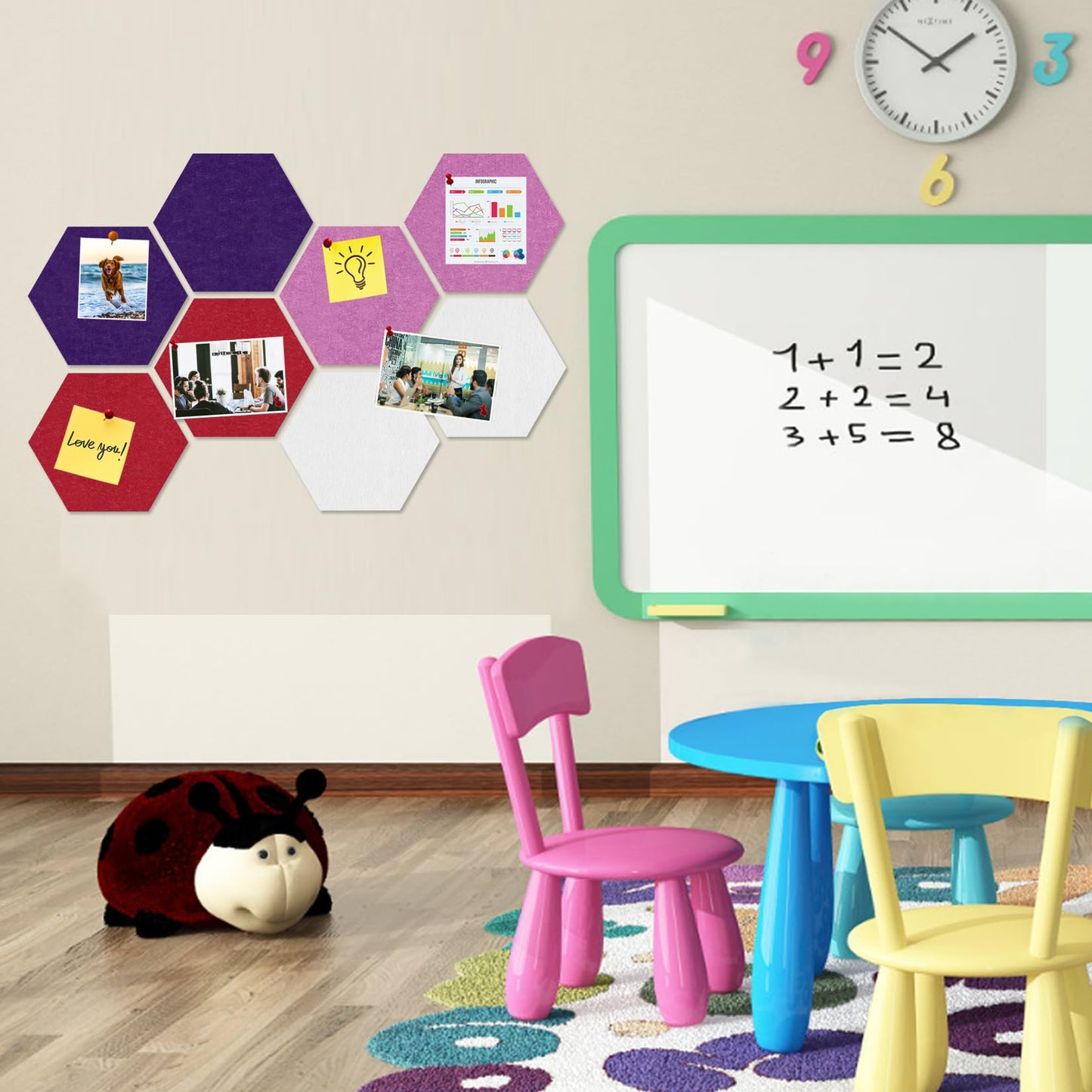 HULAVO Large Hexagon Felt Cork Board Tiles, Self Adhesive DIY Felt Bulletin Board Pin Board with 35 Pushpins for Office School Home Wall Decor(Purple+Light Purple+Deep Red)