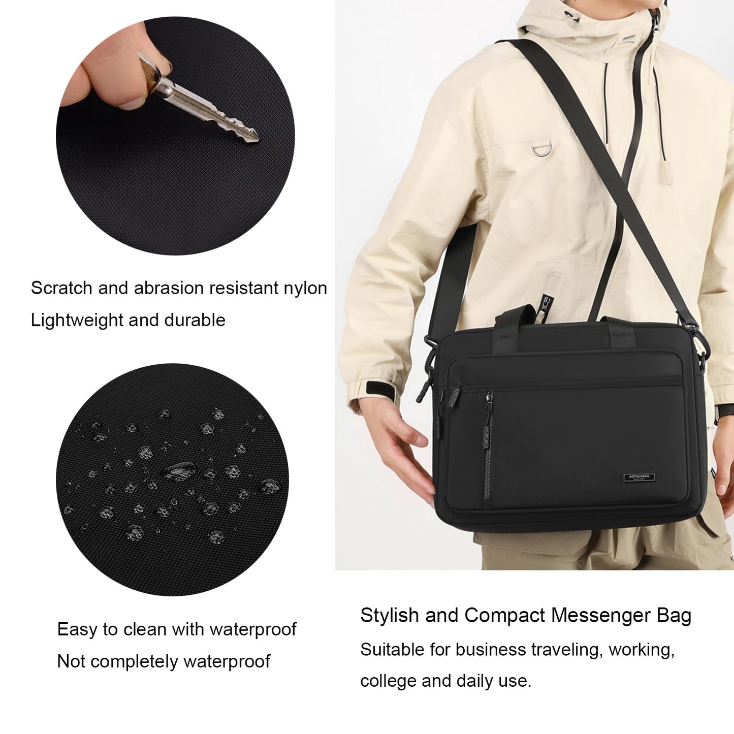 natyrlpog Laptop Bag 14 Inch Briefcase for Men Women Waterproof Nylon Lightweight, Shoulder Messenger Handbag for Business Office Work Travel College Black