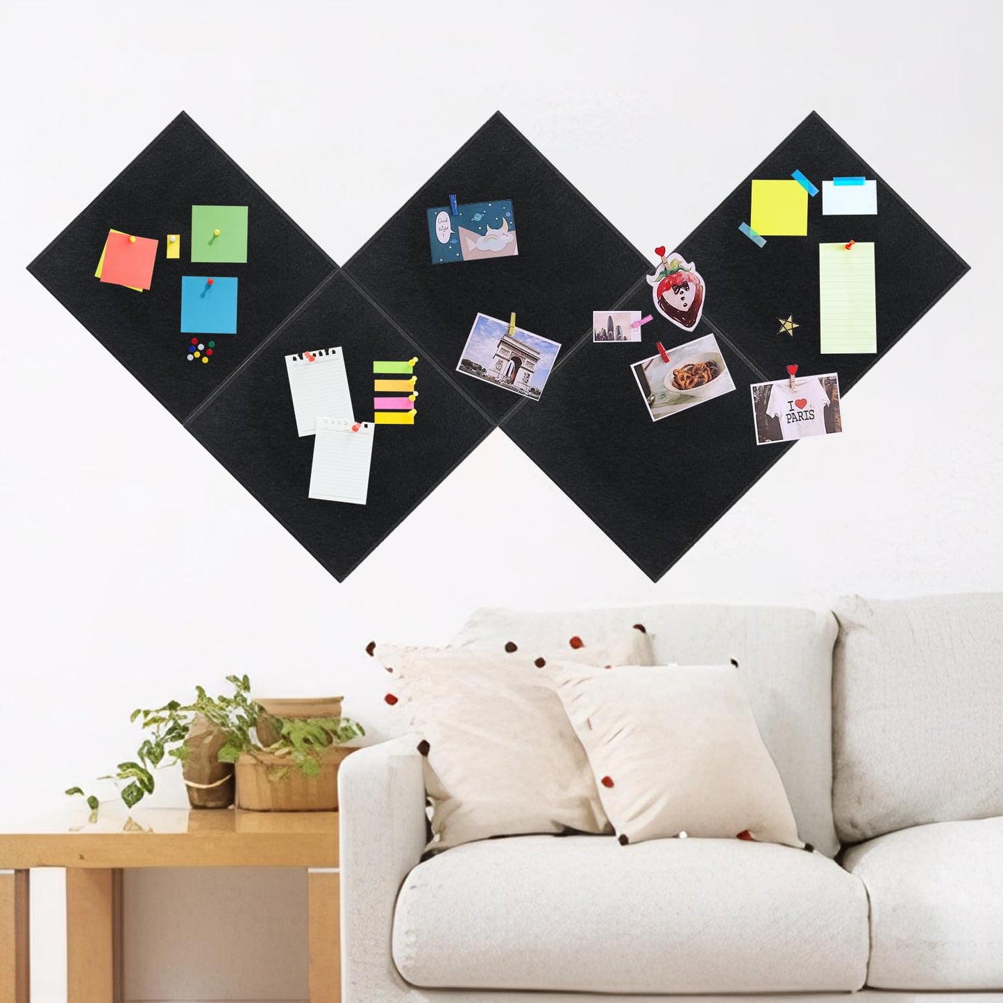 Geytetqi 12 Pack 12" x 12" Felt Boards, Black Square Felt Wall Tiles, Self-Adhesive Cork Bulletin Board for Home, Office, and Kitchen Decor(1/2 Inch Thickness)