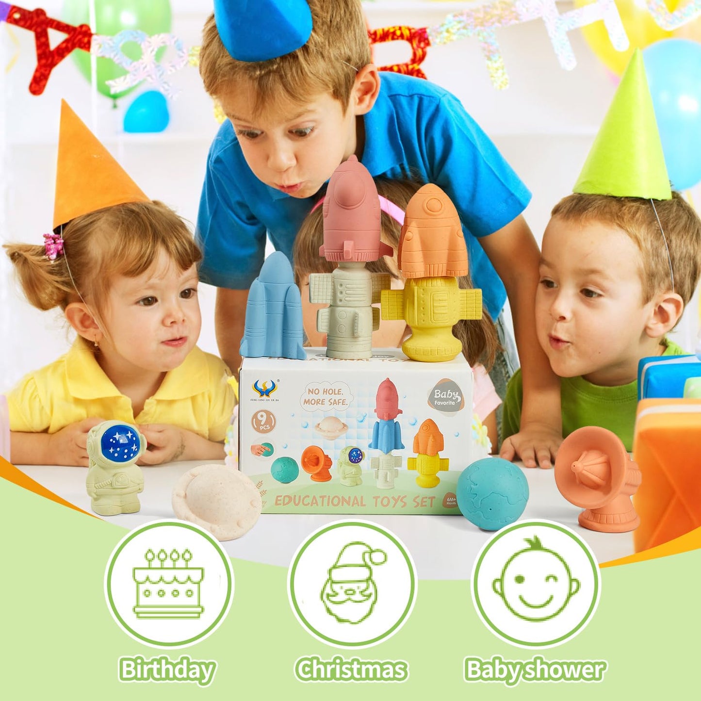 AMCHSURI Mold-Free & No Holes Bath Toys 9 Pack | Safe Astronaut & Rocket Ship Toys for Babies 6-12M & Toddlers 1-3Y | Bathtub Pool Float Toys for Boys Girls