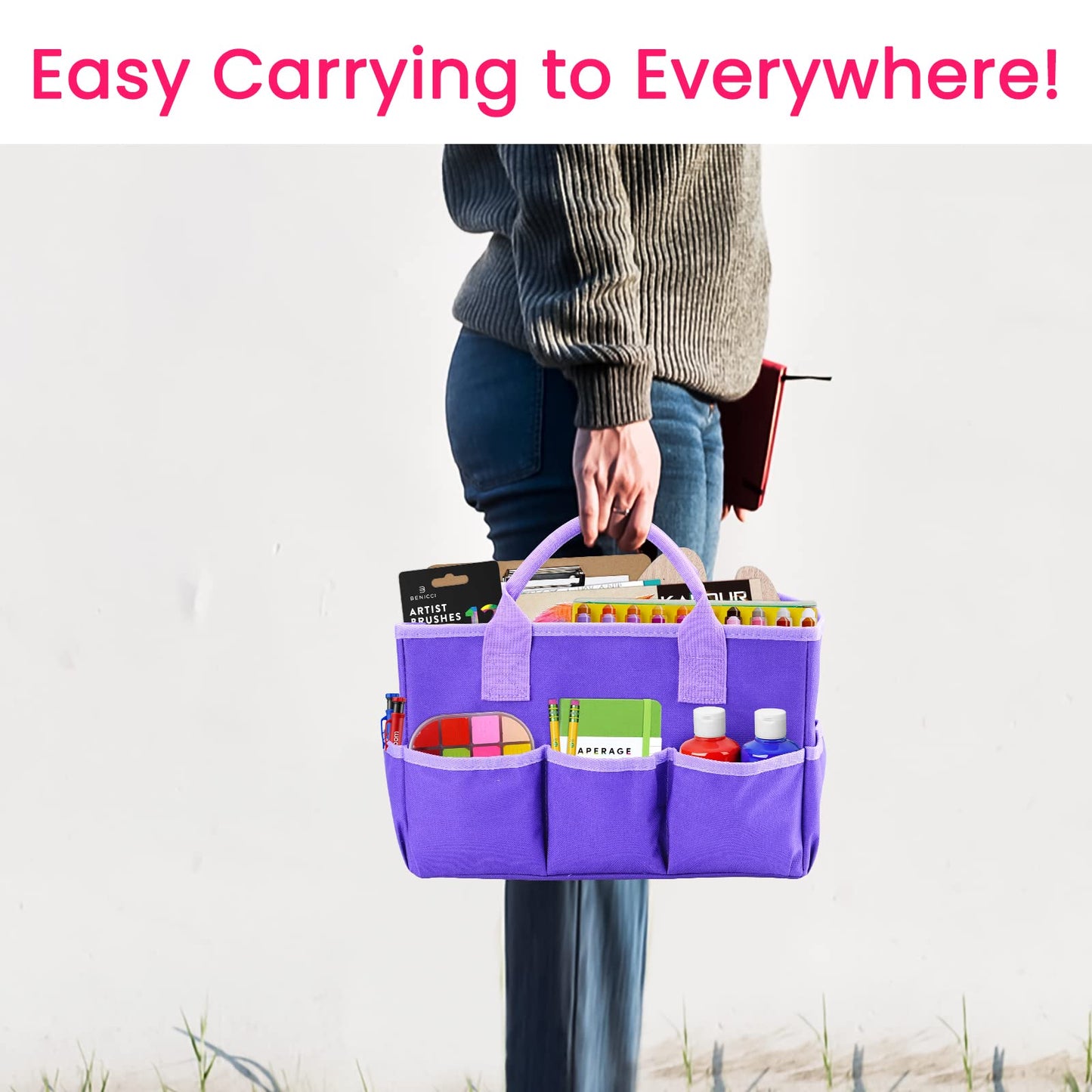 Godery Desktop Tote and Organizer, Teacher Helper caddy Bag for Arts, Books, Stationery, Office Desk Organization, Make-up Storage with Handles for Travel (Purple)