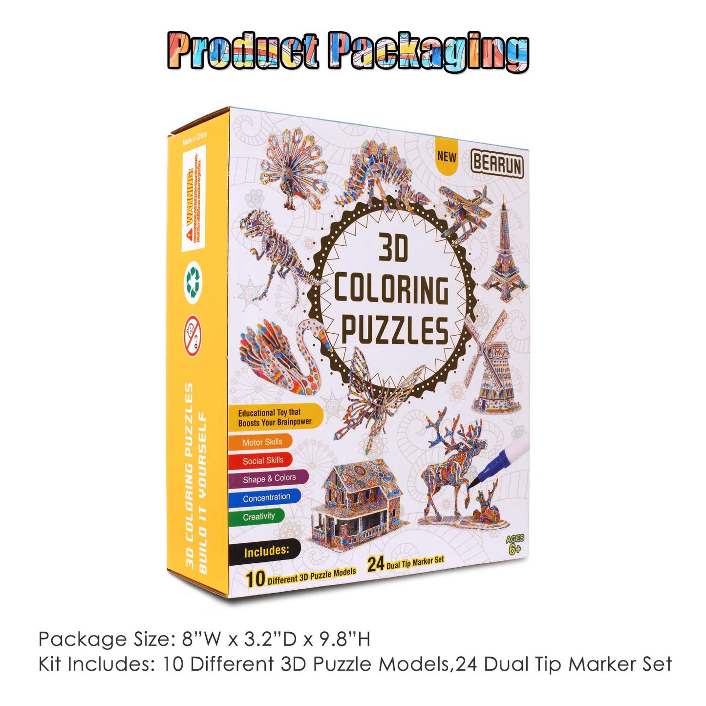 BEARUN 3D Coloring Puzzle Set, Arts and Crafts for Girls and Boys Age 6 7 8 9 10 11 12 Year Old, Fun Educational Painting Crafts Kit with Supplies for Kids, Birthday Toy Gift for Kids