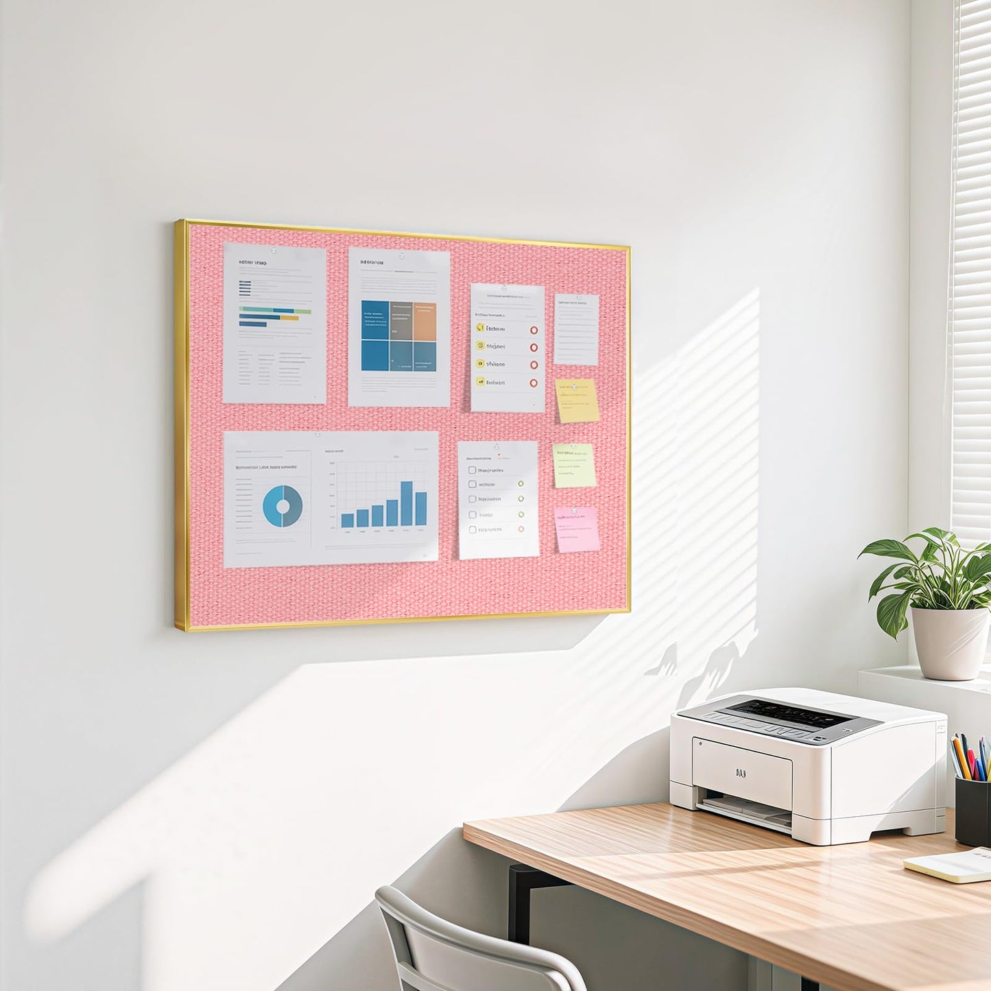 QUEENLINK Linen Bulletin Board 24" x 18", Fabric Pin Board with Gold Aluminum Frame, Decorative Vision Board for Home Office, Bedroom & Dorm Wall Decor, Includes 10 Push Pins, Pink
