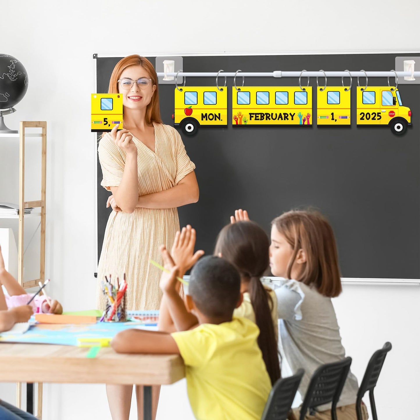 Containlol School Bus Calendar Bulletin Board Set Flip Calendar for Classroom Teacher Adjustable with 54 Yellow Week Month Day Year Cards Rod O-ring for Back to School First Day Elementary Wall