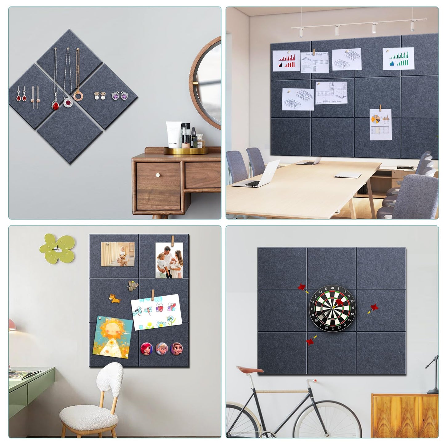Bounmer Large Cork Bulletin Board - 48" x 36" Cork Board for Walls - 12 Pack Felt Tiles, 60 Removable Safe Adhesive Tabs & 30 Pushpins - for Office, School, Home Decor (Grey)