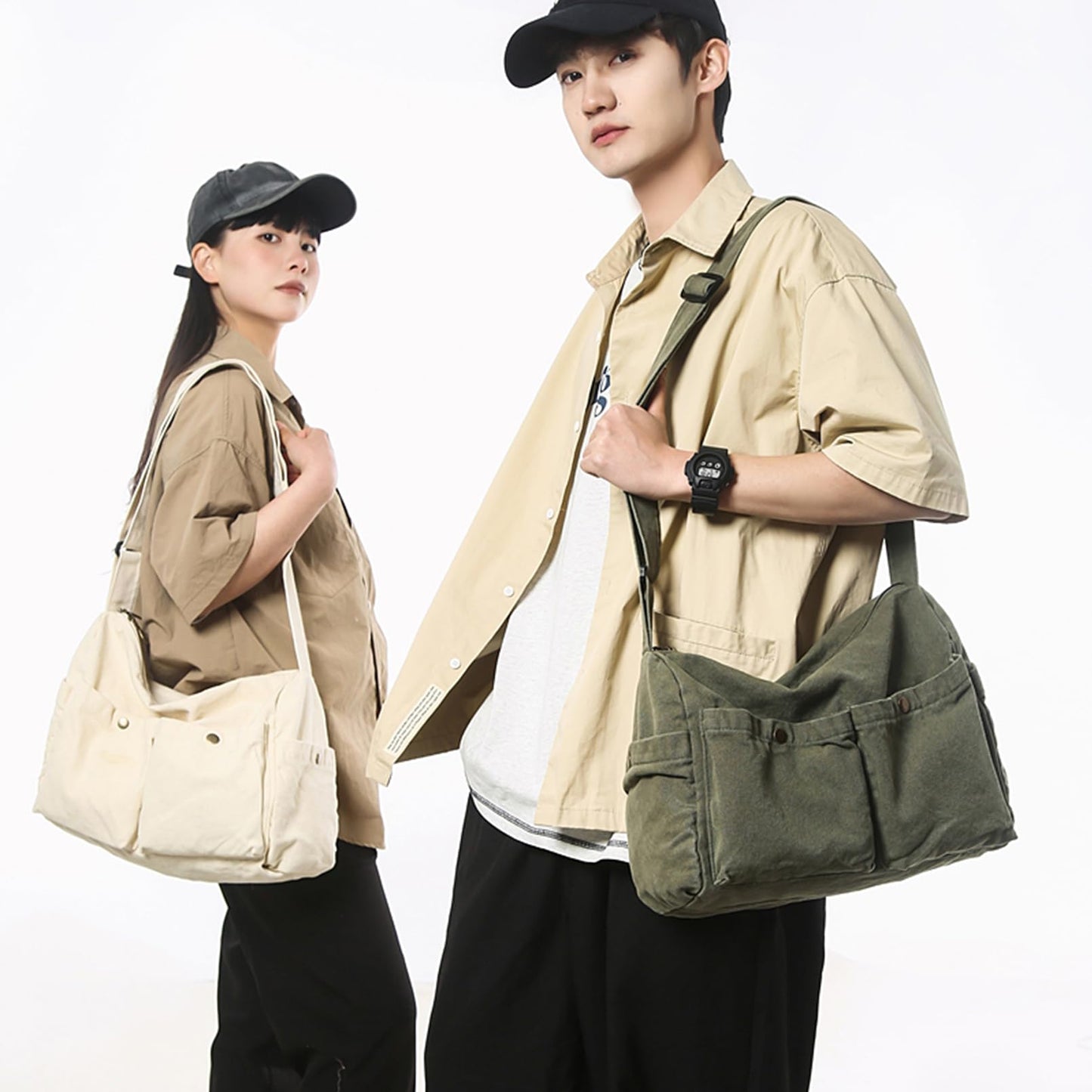 KBTYE Canvas Messenger Bag Cute Crossbody Tote Bag Shoulder for Women Men for School Aesthetic Hobo with Multiple Pockets(Green)