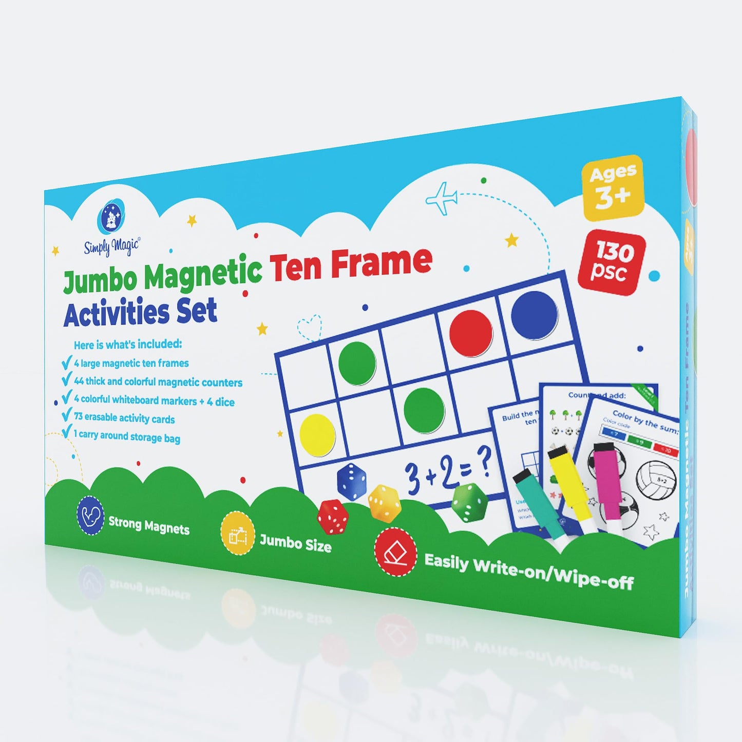 130 PCS Jumbo Magnetic Ten Frame Set, Ten Frames Class Set, Math Manipulatives for Kindergarten, PreK, Preschool, Math Counters, Games for Kids, Magnetic Counters, Teacher and Homeschool Supplies
