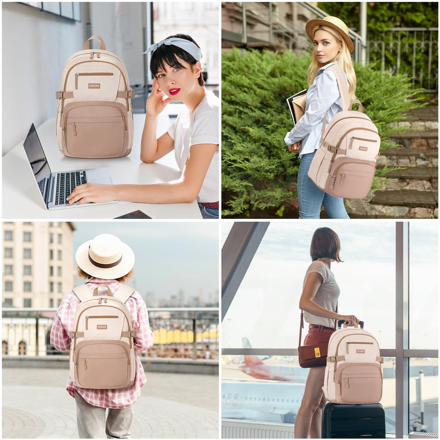WINDARS Backpack for School Girls, Cute High School Backpacks for Teens Women Student Large Bookbag 15.6 Inch Laptop Bag with USB Charger Port for College Work Travel Trip (Khaki Beige)