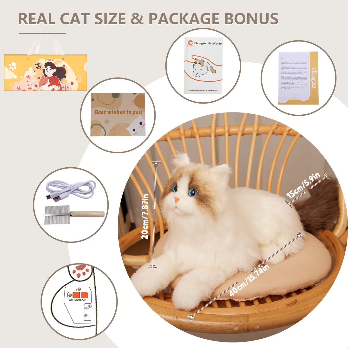 Chongker Interactive Robot Cat, Plush Stuffed Animal Toys, Bionic Motion, Purr and Heartbeat Sound, Lifelike Cat Companion for Children and the Elderly