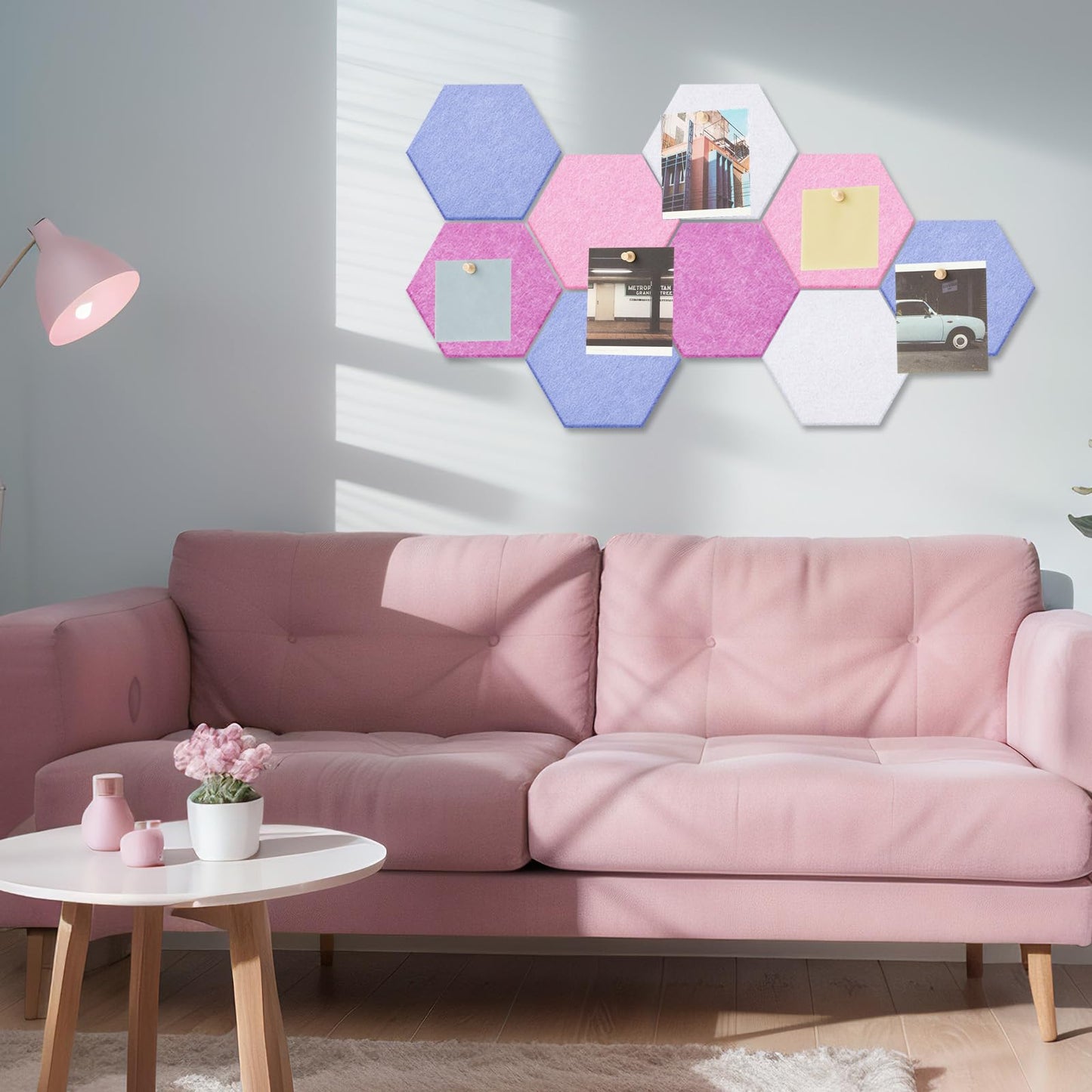 Mindsoft 16 Pcs Hexagon Cork Board for Walls with 50 Wooden Push Pins 6.7 x 5.9 in Felt DIY Tiles Notice with Nano Tape Hanging Bulletin Board for Home Photo Office Memo Note (Pink)