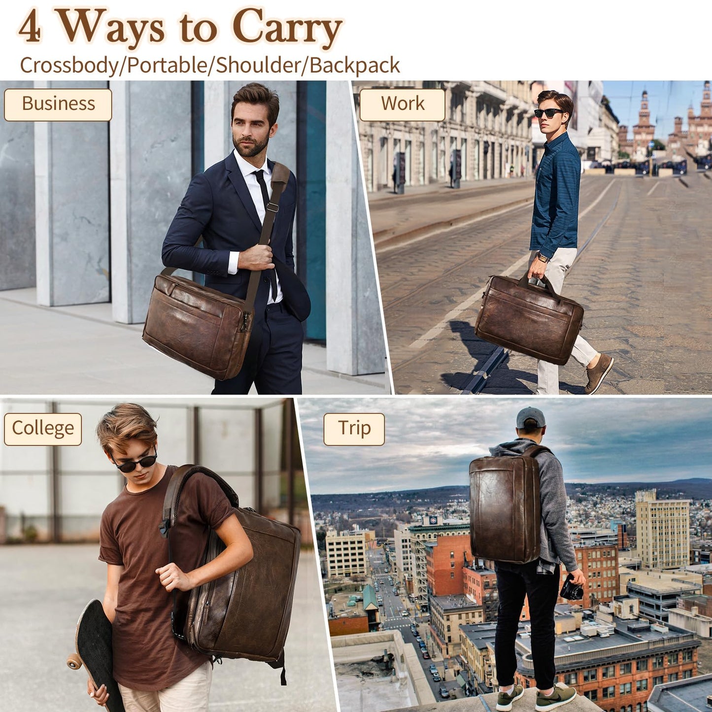 Faux Leather Messenger Bag for Men 17-17.3 Inch: Convertible 3 in 1 Backpack Laptop Bag Briefcase Computer Handbags Shoulder Crossbody Bag with Padded Laptop Sleeve for Work College Travel, PU Coffee