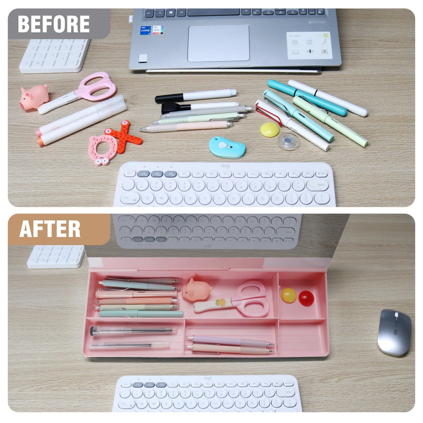 SELEAD Desktop Glass Whiteboard with Organizer & Built-in Mirror - Small Dry Erase White Board Computer Pad Keyboard Stand with Markers, Eraser, Holder for Women - Pink