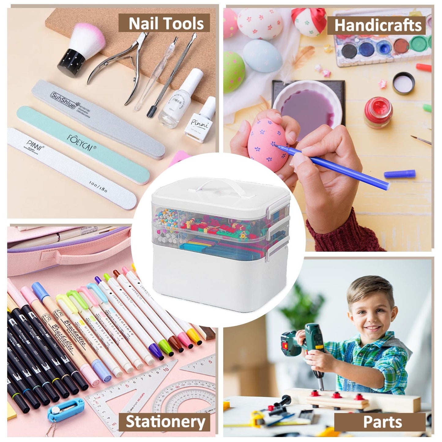 3-Layer Plastic Craft Organizers and Storage Box with Removable Trays, Storage Containers with lids and Handle, Art Supply Storage Organizer for Bead, Ornament, Nail Polish, Tape(10.62"x9"x7.67")