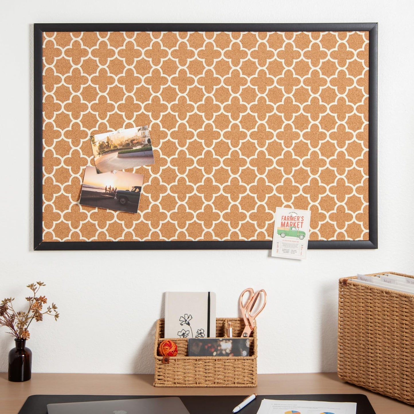 U Brands Cork Bulletin Board, 36" x 24", Black Wood Style Frame, Quatrefoil Design Print, Industrial Grade Pinning Surface