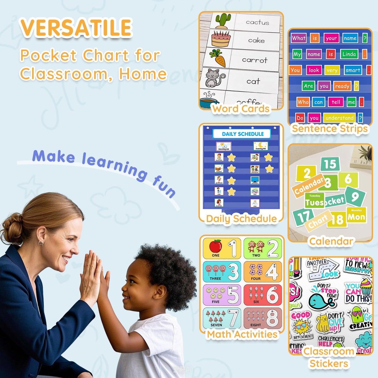ALSLEA Standard Pocket Chart for Classroom with Zipper Storage Bag 28"x28" Wall Hanging File Display Pocket Chart with 7 Sentence Strips Holder Teacher Essential (Blue)