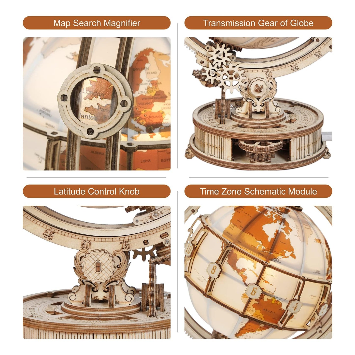 ROBOTIME 3D Wooden Puzzle for Adults- Luminous Globe ST003 - Wooden 3D Puzzles for Adults with LED Light - Globe Model Building Kit for Teens & Adults