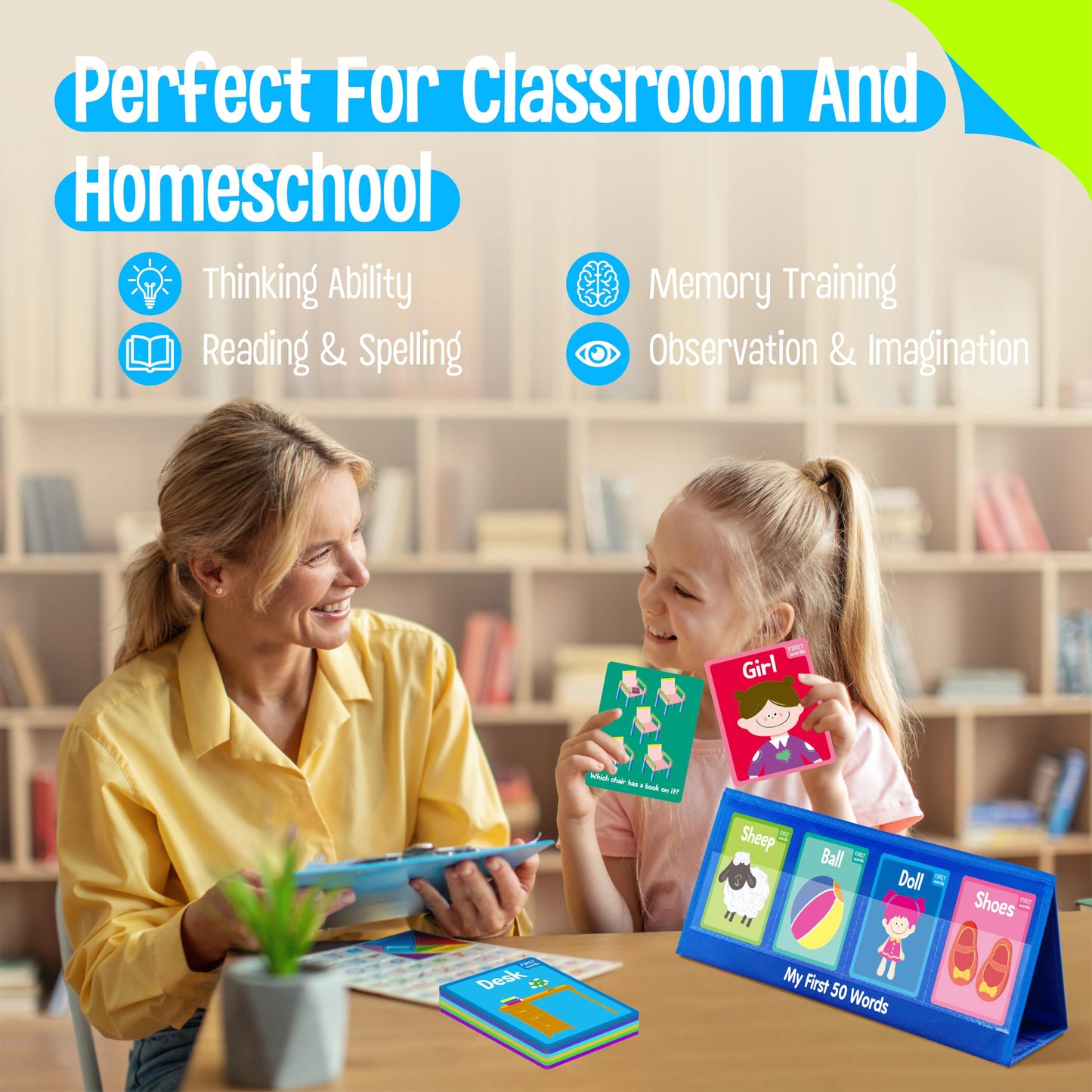 Word Building Desktop Pocket Chart, 48 CVC Words & 50 First Words, Double-Sided Tent Word Builder, Vocabulary Learning Flashcards Set for Kindergarten Reading and Spelling