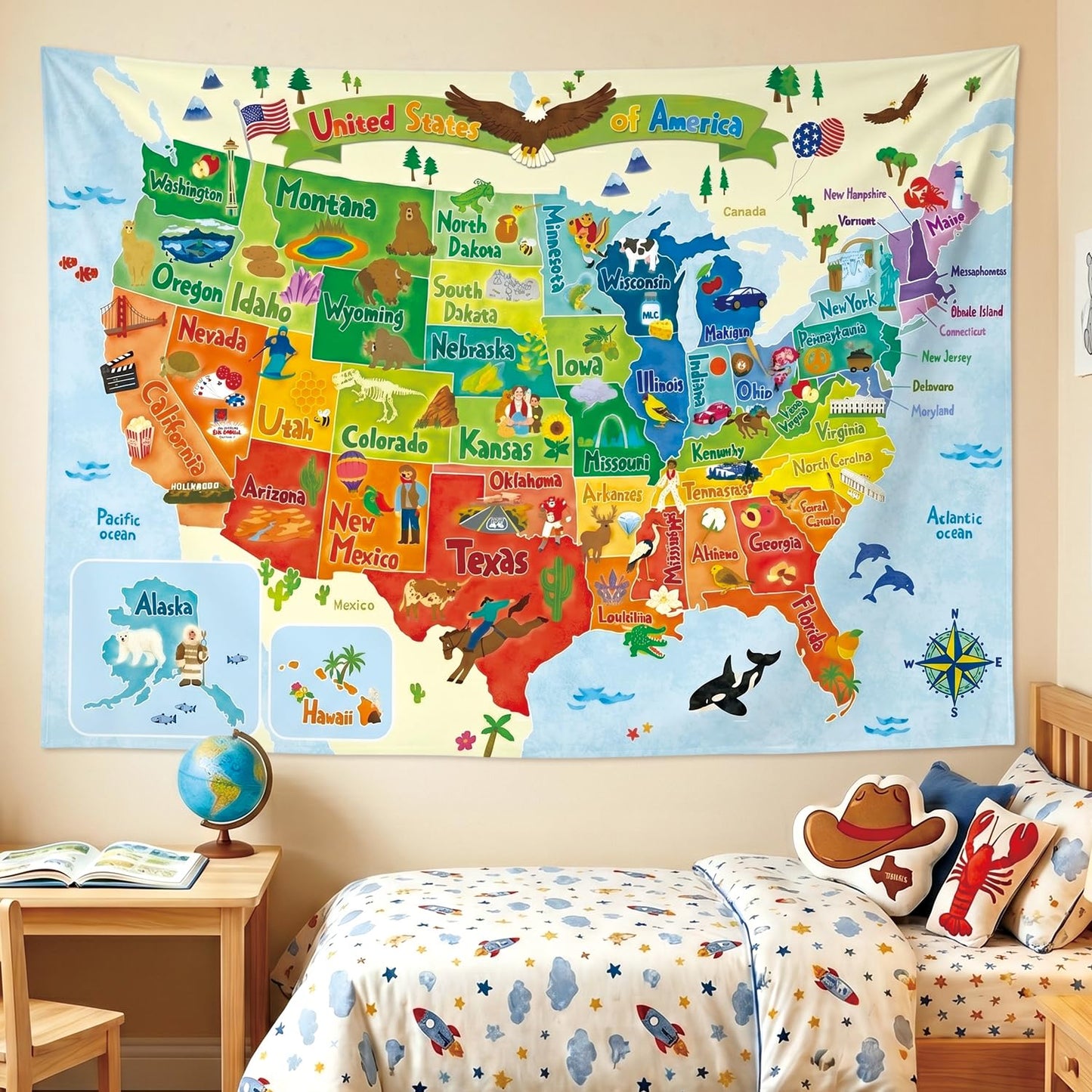 BASHOM TP-008 United states MAP Tapestry 60''x40''(150x100cm) Poster for Kids Educational learning Wall Hanging for Bedroom Living Room Nursery Dorm Home Decor USA America US map