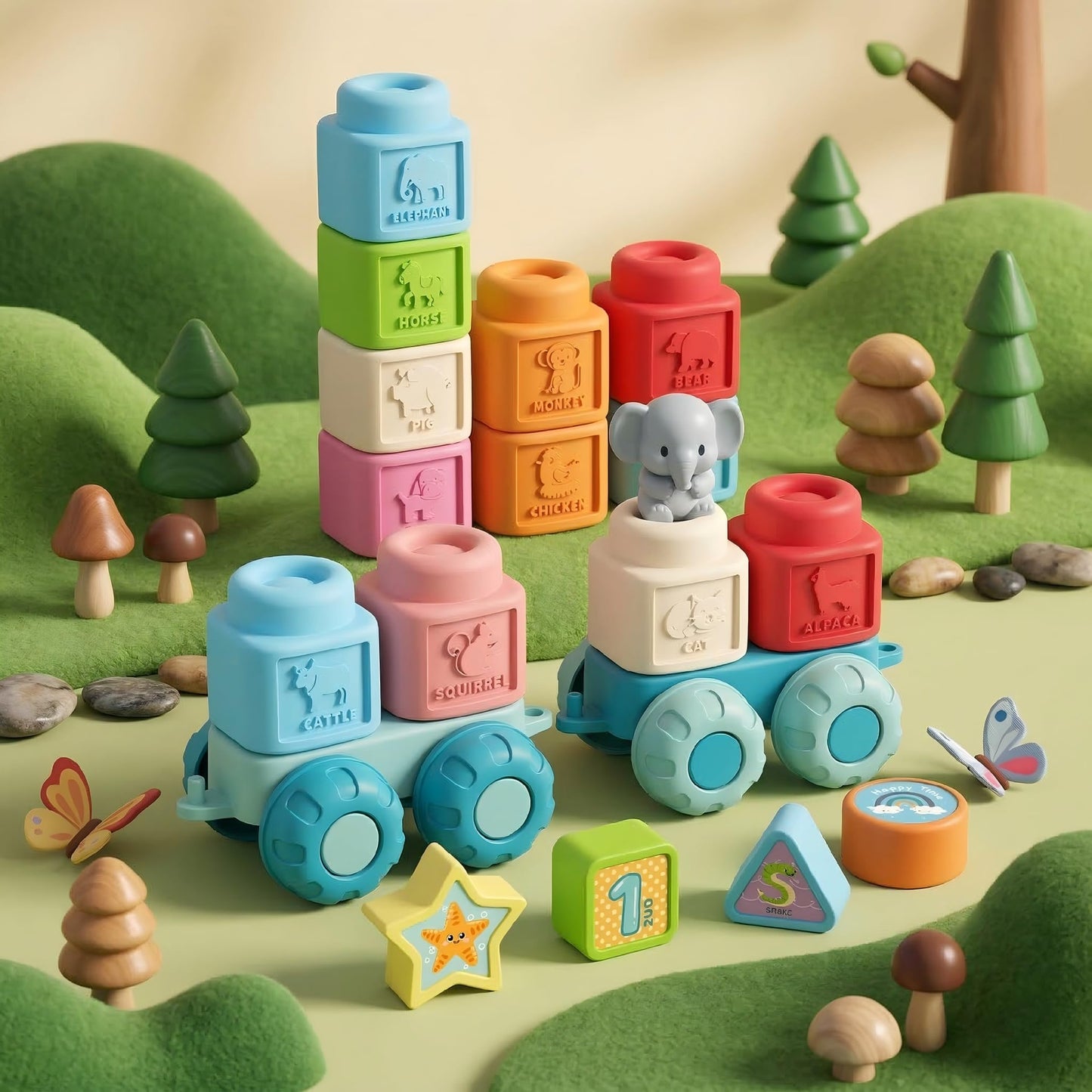 Soft Blocks Montessori Stacking Toys for toddlers 1-3, 29 PCS Baby Building Blocks, Educational Learning Toys with Fruits, Animals, Colors & Shapes, Connectable Texture Blocks Vehicles Festival Gift