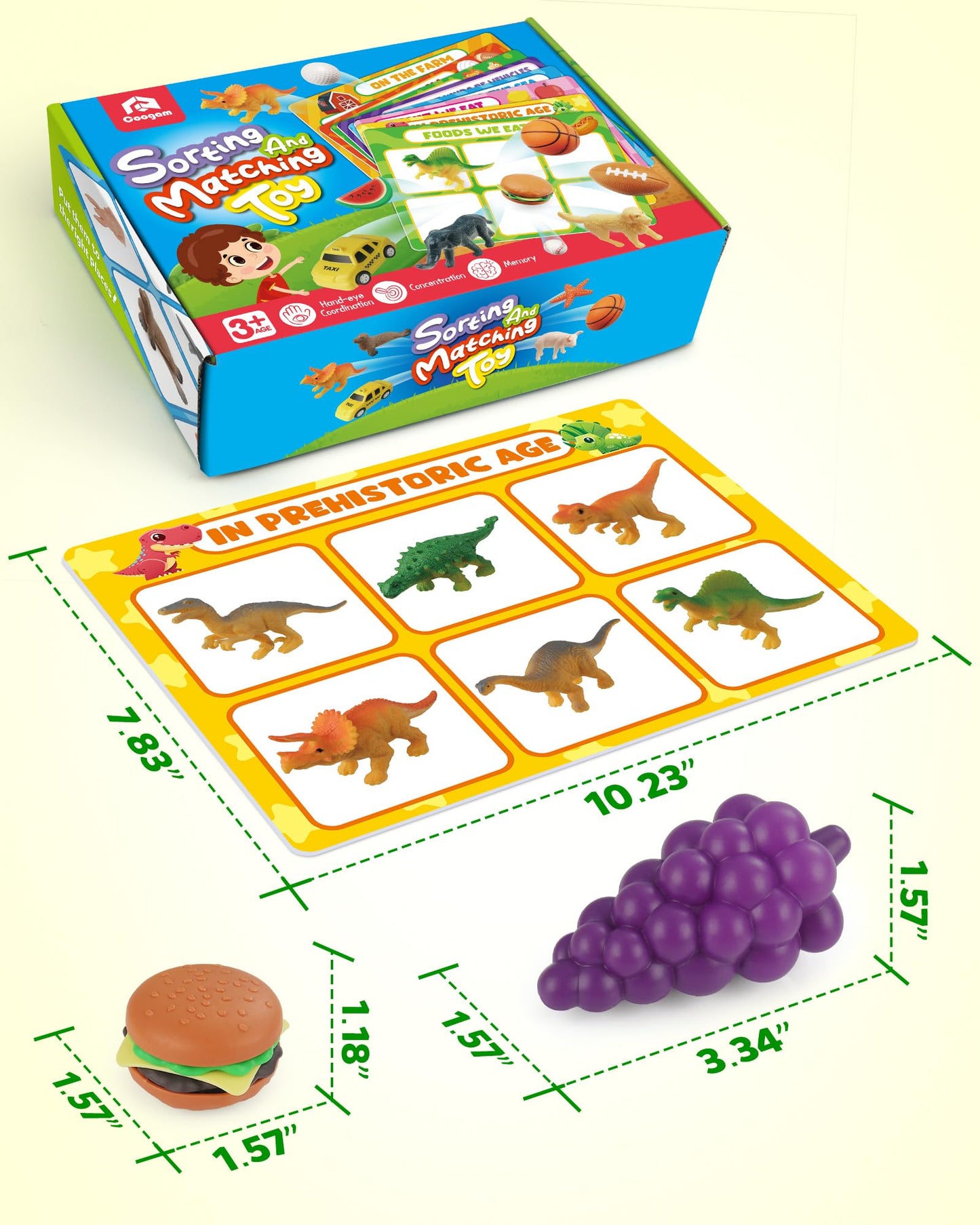 Coogam Sorting Toy for Toddlers, Animals Dinosaurs Fruits Vehicles Foods Fishes Balls Farm Playset, Fine Motor Montessori Game Preschool Educational Learning Gift for Year Old Kids