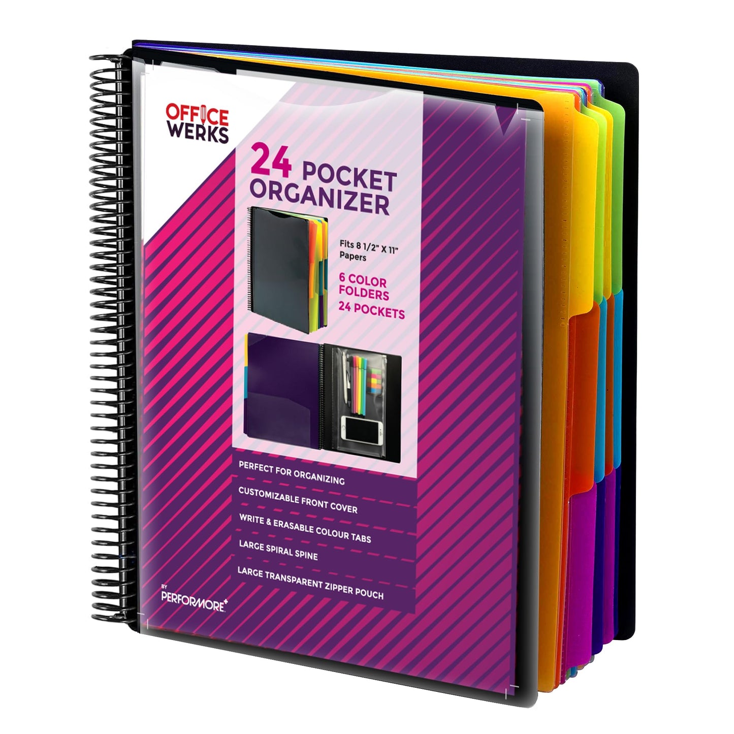 Performore 24 Pocket Spiral Project Organizer with 12 Dividers, Fits 8.5" X 11" Letter Size Papers Folder with Dividers, Front and Back Customizable Covers, Erasable Write On Tabs for Documents Files