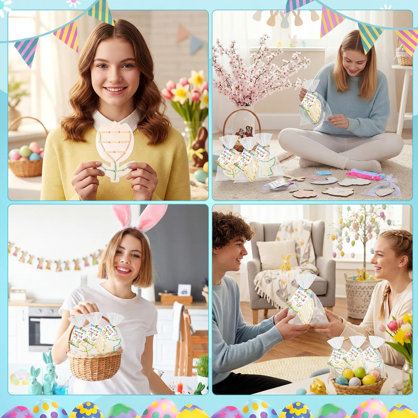 Capoda 18 Sets Easter Crafts for Kids Wooden Lacing Card Toys Easter Basket Stuffers Spring Basket Essentials with Colorful Threads for Girls Boys Spring Craft Activities Craft Kits Sewing